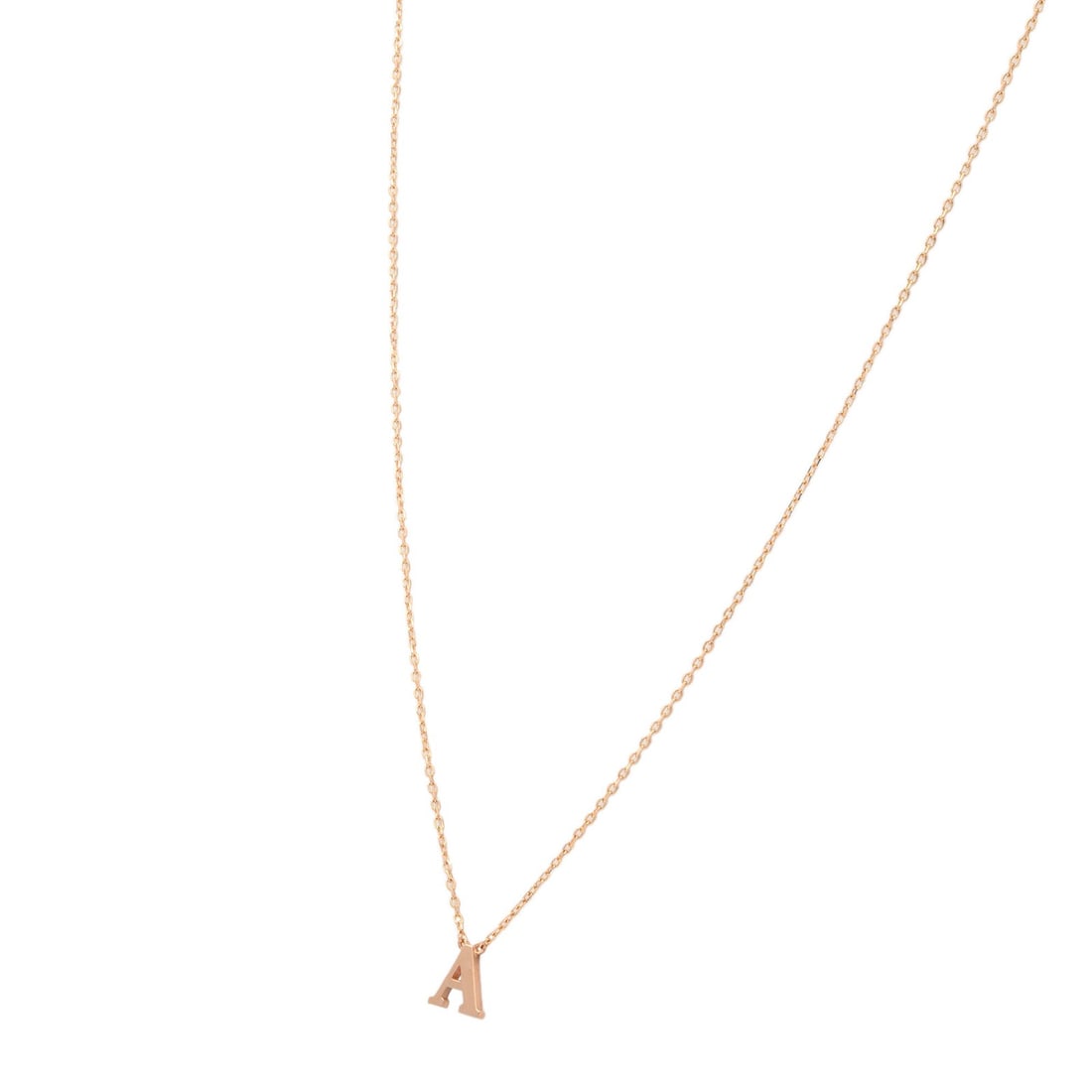 Rachel Koen 14K Rose Gold Small A Initial Pendant Necklace: Rachel Koen 14K Rose Gold Small A Initial Pendant Necklace This exquisite small 'A' initial letter pendant chain necklace is crafted from fine 14K rose gold, showcasing a delicate and dainty design pe