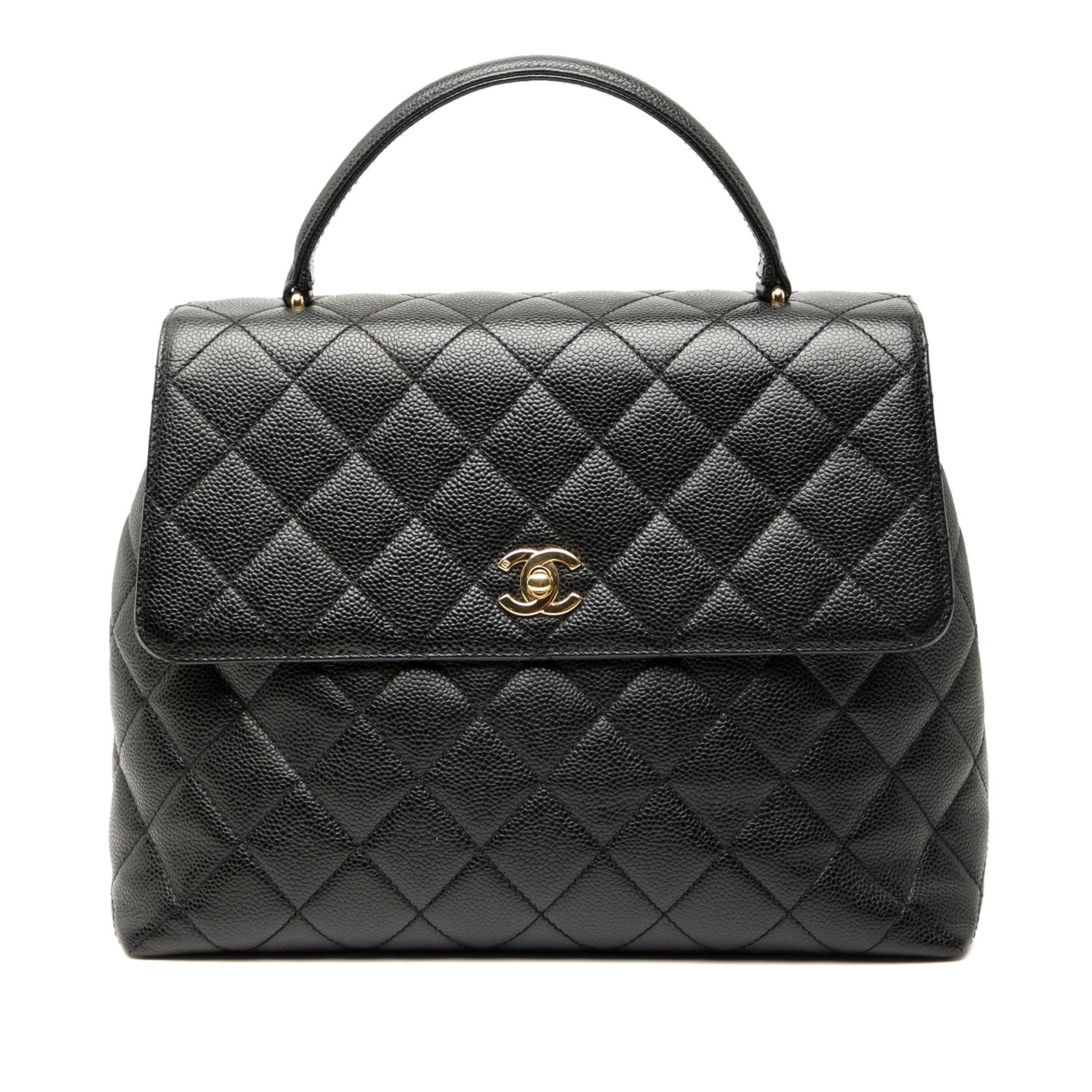 Chanel CC Quilted Caviar Kelly Black Leather Top Handle Bag: Chanel CC Quilted Caviar Kelly Black Leather Top Handle Bag This Chanel CC Quilted Caviar Kelly Top Handle Bag features a luxurious caviar leather body in classic black. It is designed with a rolled t