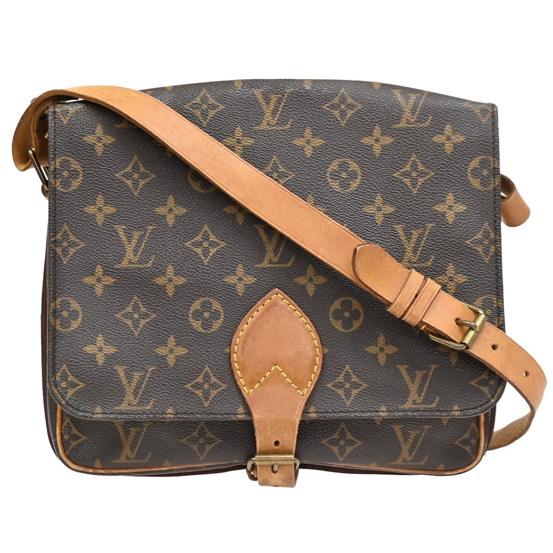 Cartouchiere Shoulder Bag by Louis Vuitton in Brown: Cartouchiere Shoulder Bag by Louis Vuitton in Brown This pre-owned Louis Vuitton Cartouchiere shoulder bag features a brown exterior and is designed for female use. The bag shows noticeable signs of u