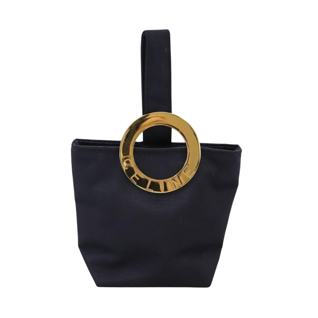 Navy Pouch with Circle Emblem by Celine: Navy Pouch with Circle Emblem by Celine This Celine Circle Logo pouch in navy is a pre-owned accessory designed for female use. It features a classic pouch style with minor signs of use, including sli