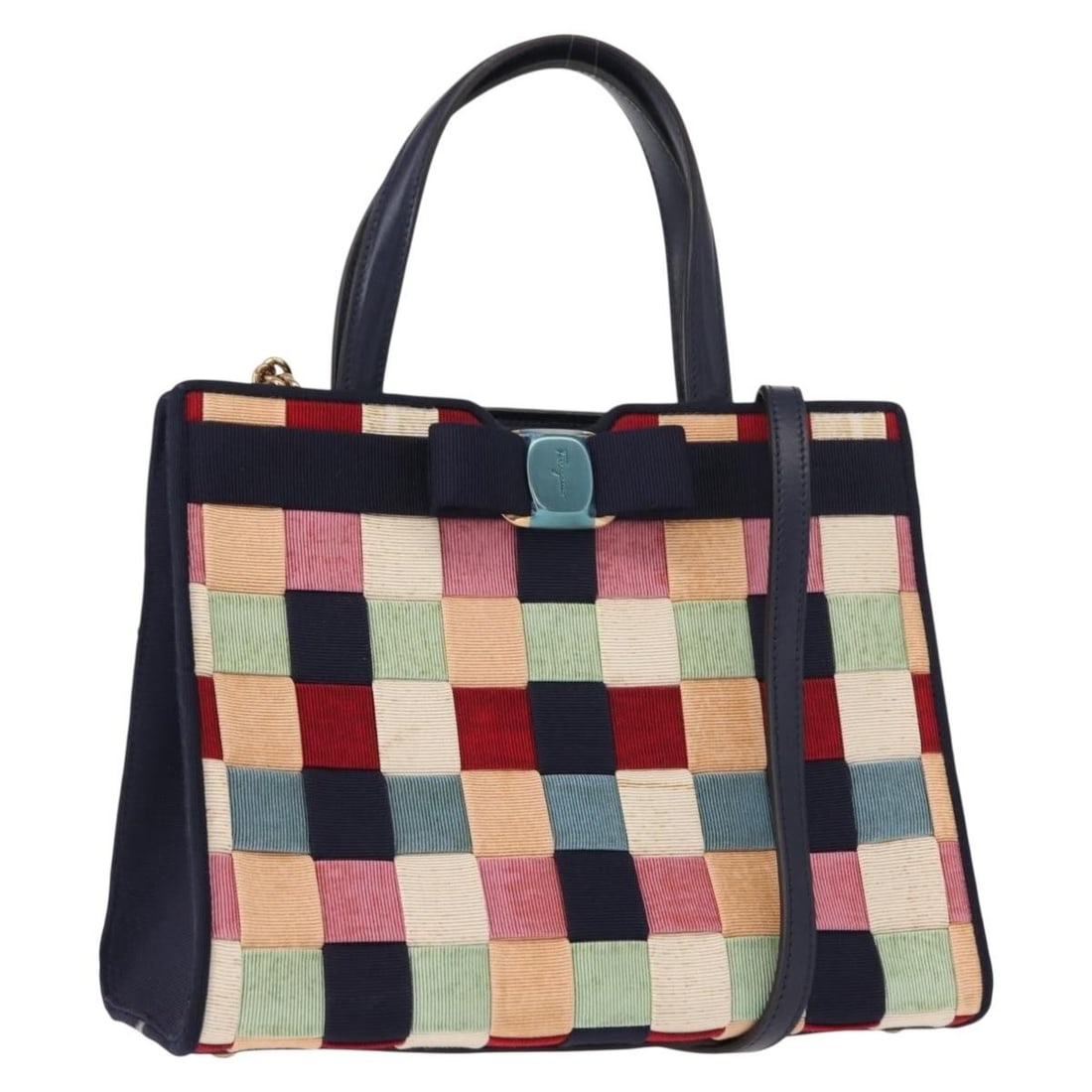 Salvatore Ferragamo Multicolor Gold Canvas Hand Bag 2-Way Authentic: Salvatore Ferragamo Multicolor Gold Canvas Hand Bag 2-Way Authentic This exquisite Salvatore Ferragamo Hand Bag is a perfect blend of style and functionality, crafted in Italy from durable canvas mate