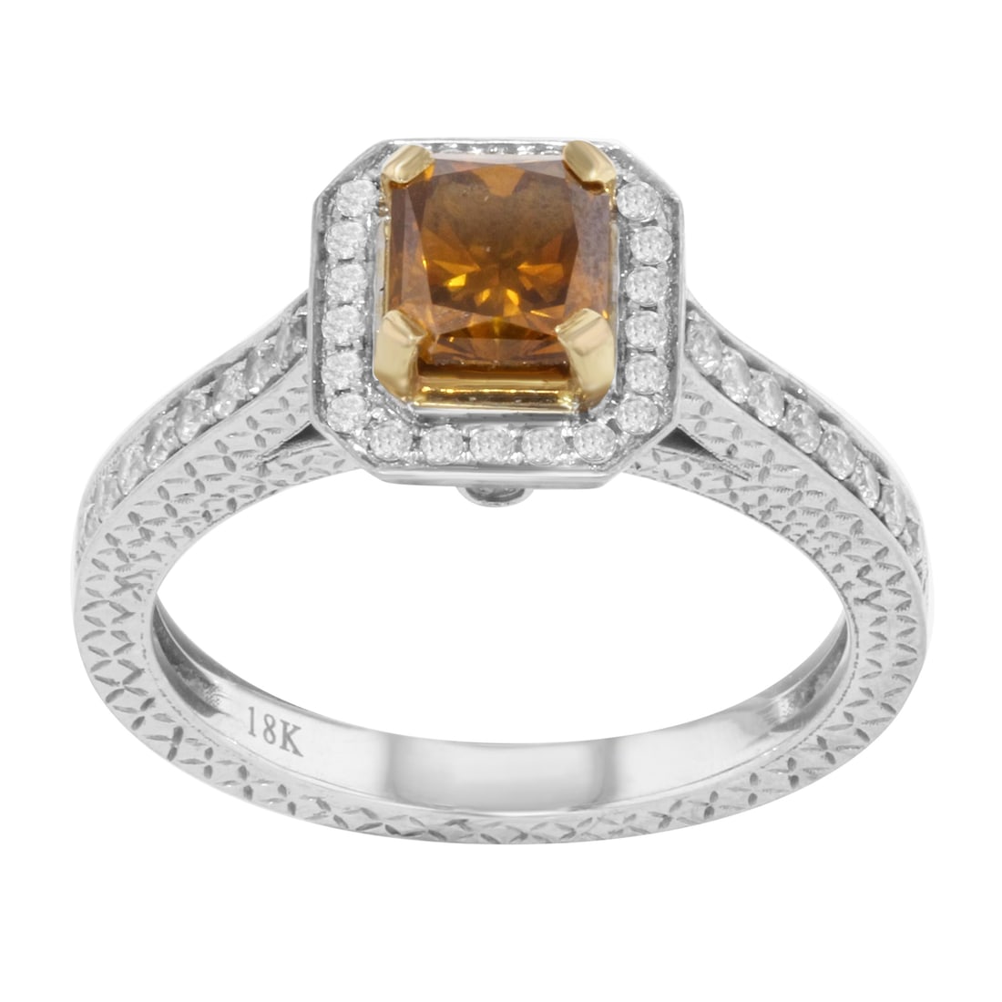 Rachel Koen 18K Gold Engagement Ring 1.50 Cttw Cognac Diamond: Rachel Koen 18K Gold Engagement Ring 1.50 Cttw Cognac Diamond This stunning diamond engagement ring from Rachel Koen is beautifully crafted in 18K white and yellow gold. The ring showcases a prong-set