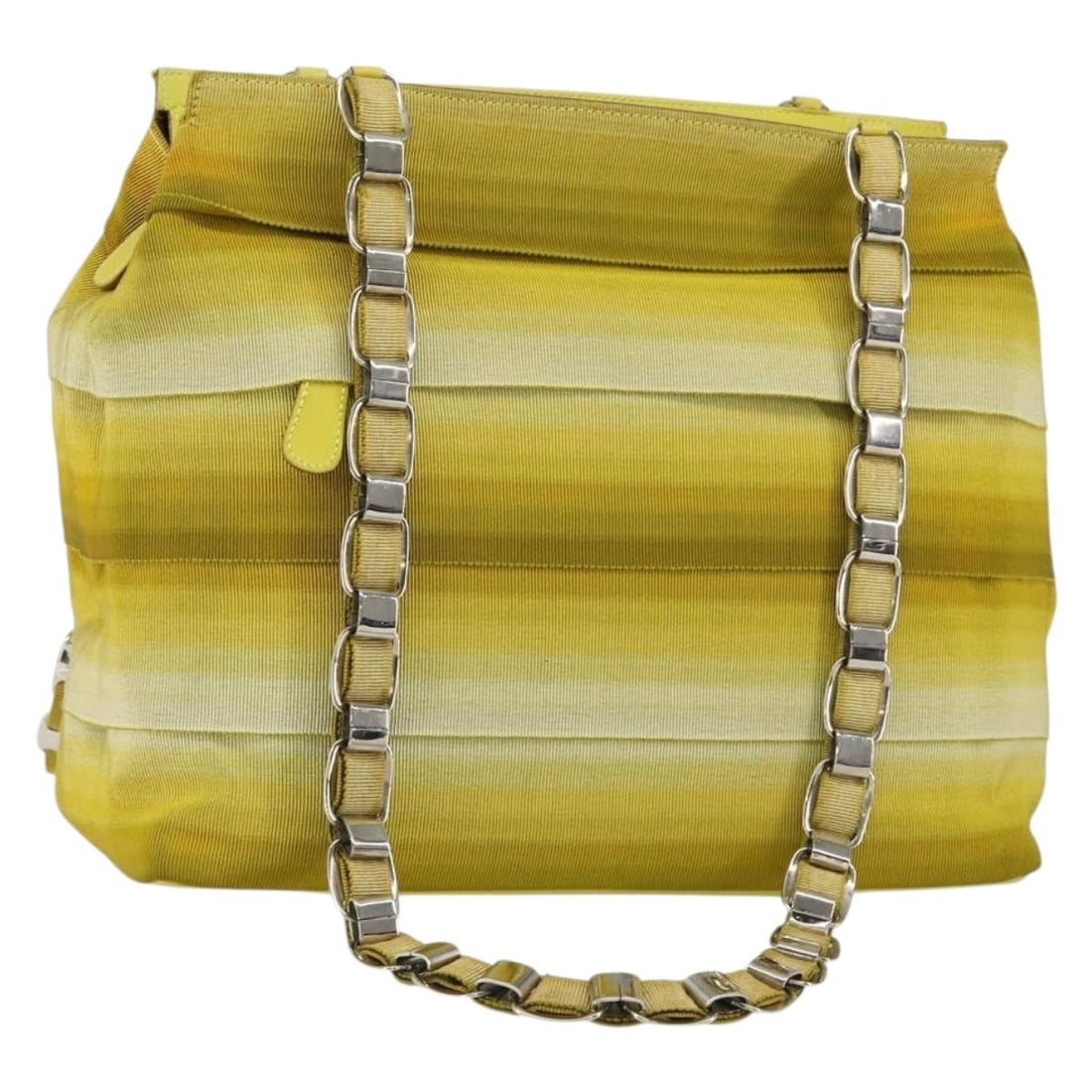 Vala yellow chain tote bag by Salvatore Ferragamo: Vala yellow chain tote bag by Salvatore Ferragamo This pre-owned Salvatore Ferragamo Vala chain tote bag features a yellow exterior and a spacious design. It shows signs of wear, including surface rub