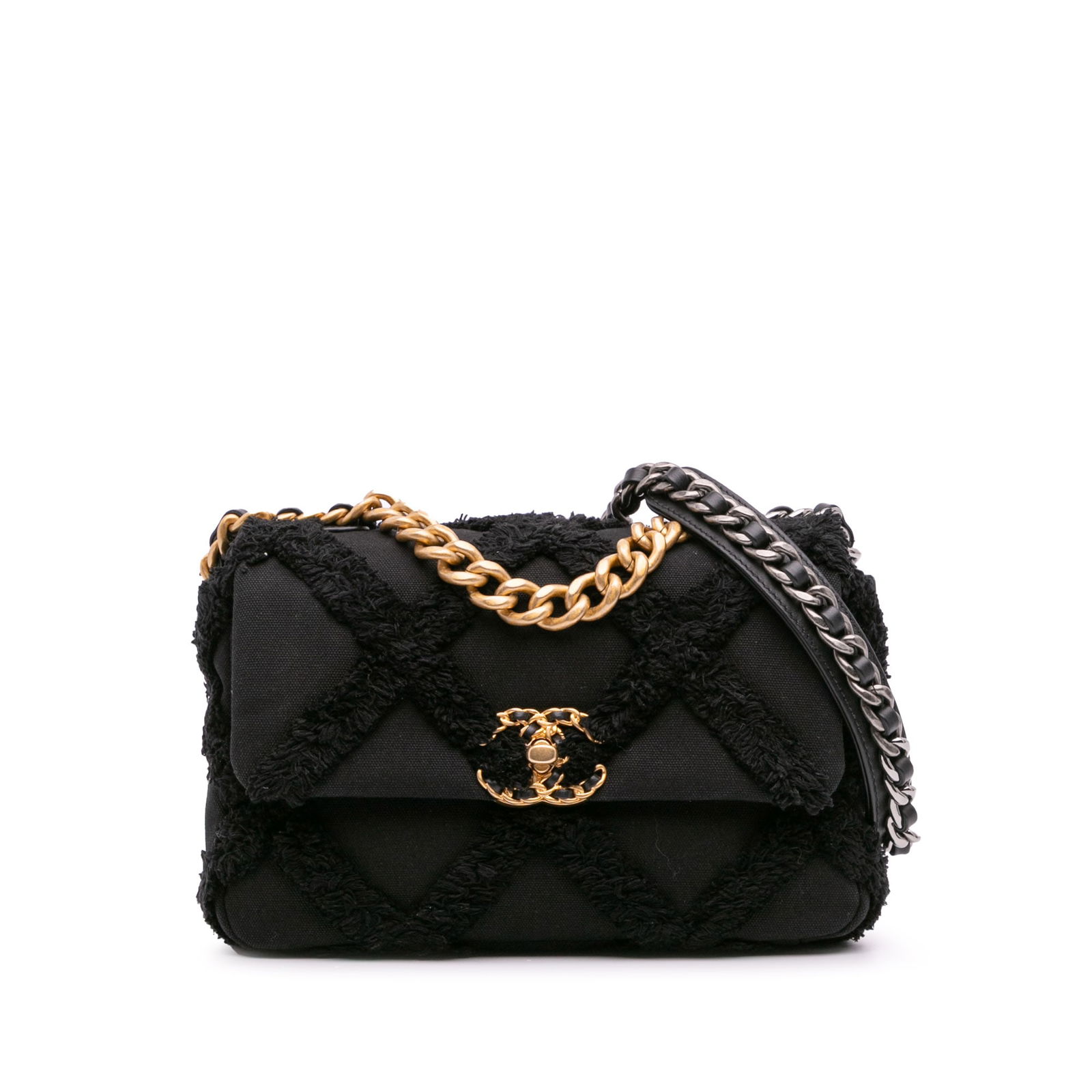 Chanel Medium 19 Flap Bag Black Canvas Cotton Gold Chain: Chanel Medium 19 Flap Bag Black Canvas Cotton Gold Chain This Chanel Medium Canvas and Cotton 19 Flap bag showcases a stylish black canvas and cotton body, complemented by a luxurious gold-tone chain