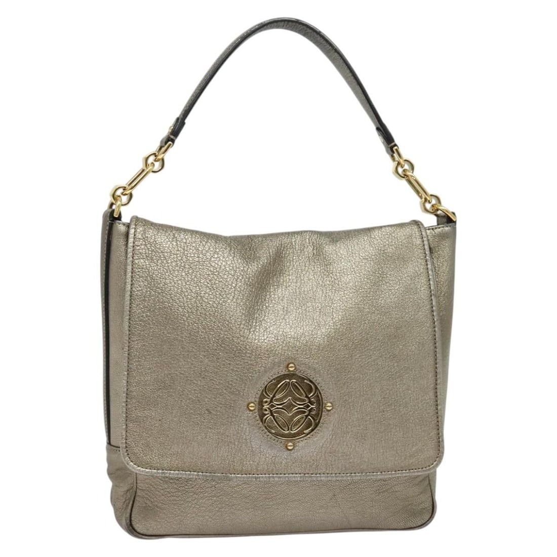 LOEWE Gold Tone Anagram Leather Shoulder Bag Made in Spain: LOEWE Gold Tone Anagram Leather Shoulder Bag Made in Spain This LOEWE Anagram Shoulder Bag showcases a stunning gold tone leather exterior, perfect for adding a touch of elegance to any outfit. Crafte