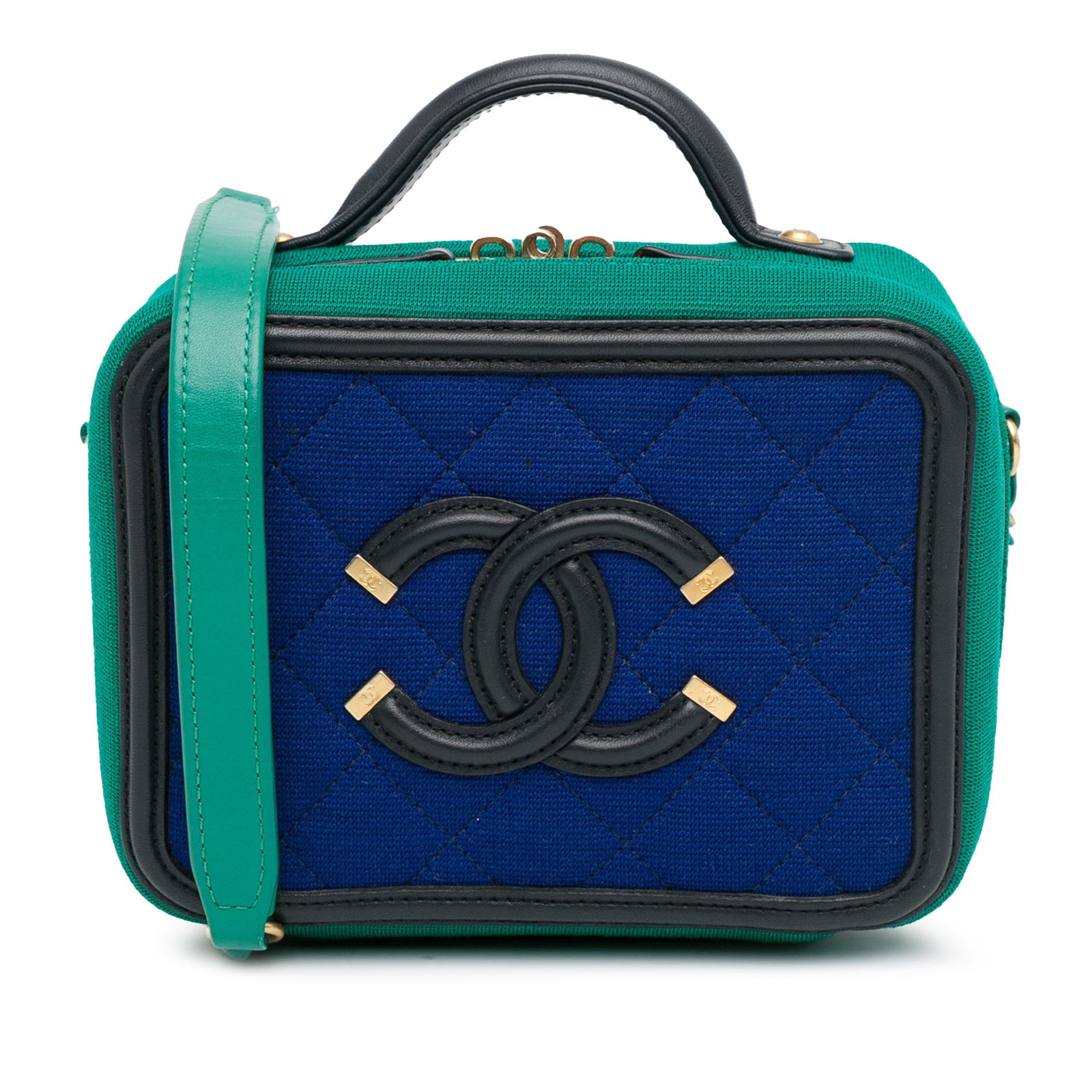 Chanel Small Jersey CC Filigree Vanity Case Blue Fabric Bag: Chanel Small Jersey CC Filigree Vanity Case Blue Fabric Bag Introducing the Chanel Small Jersey CC Filigree Vanity Case, a stylish accessory crafted from a luxurious quilted jersey body accented with