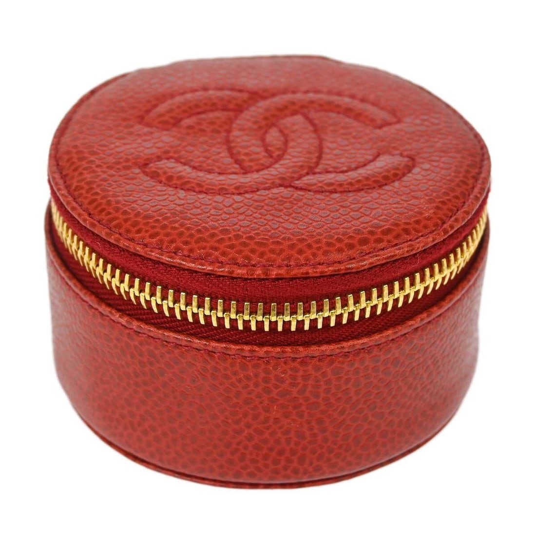 Chanel Vintage Red Caviar Skin Round Jewelry Case Pouch: Chanel Vintage Red Caviar Skin Round Jewelry Case Pouch This vintage Chanel jewelry case pouch is crafted from luxurious caviar skin in a striking red color. The round shape adds a touch of elegance,