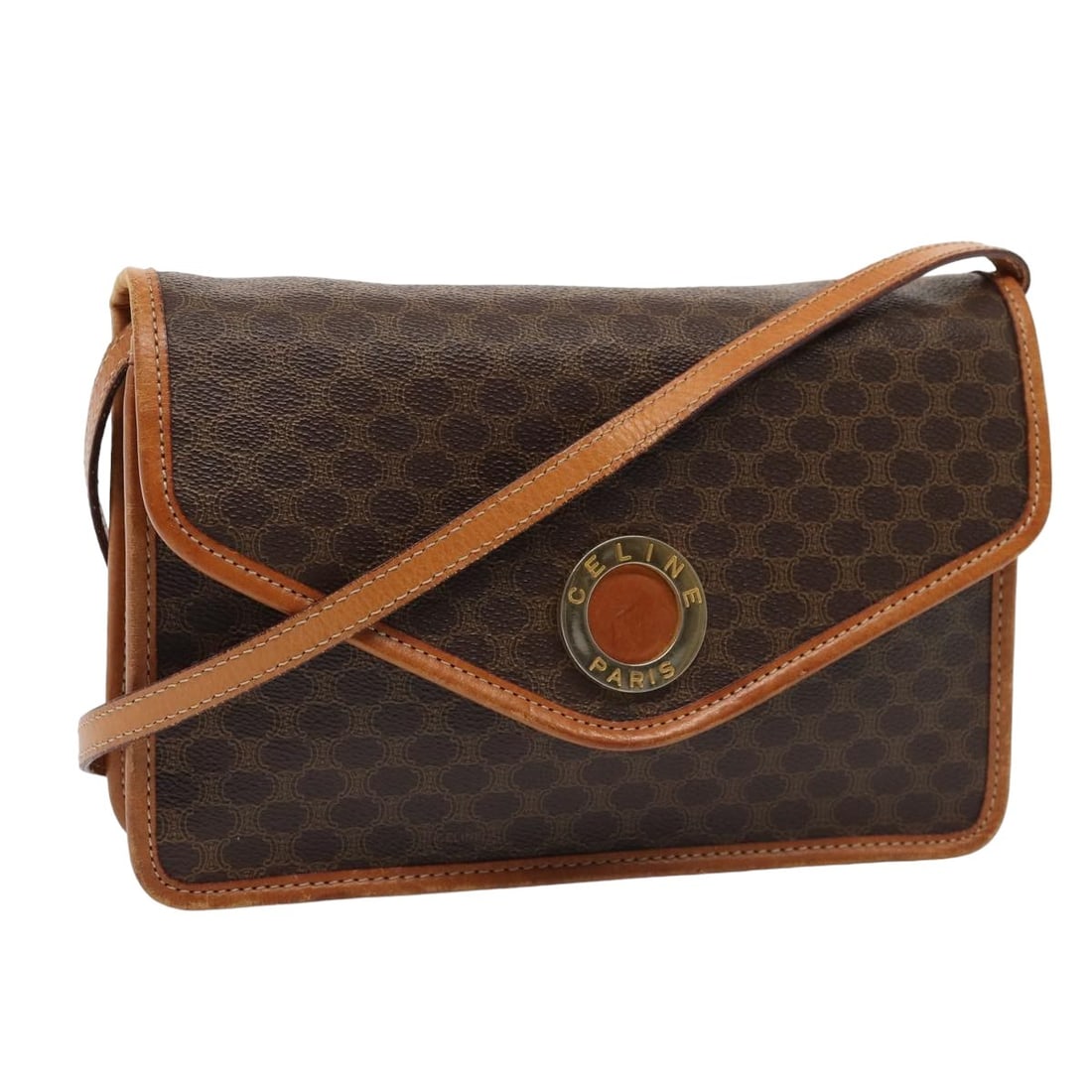 Macadam Pattern Brown Shoulder Bag by Celine Vintage Collection: Macadam Pattern Brown Shoulder Bag by Celine Vintage Collection This Celine vintage Macadam Circle Logo shoulder bag features brown exterior surfaces with signs of use including rubbing, slight loss o