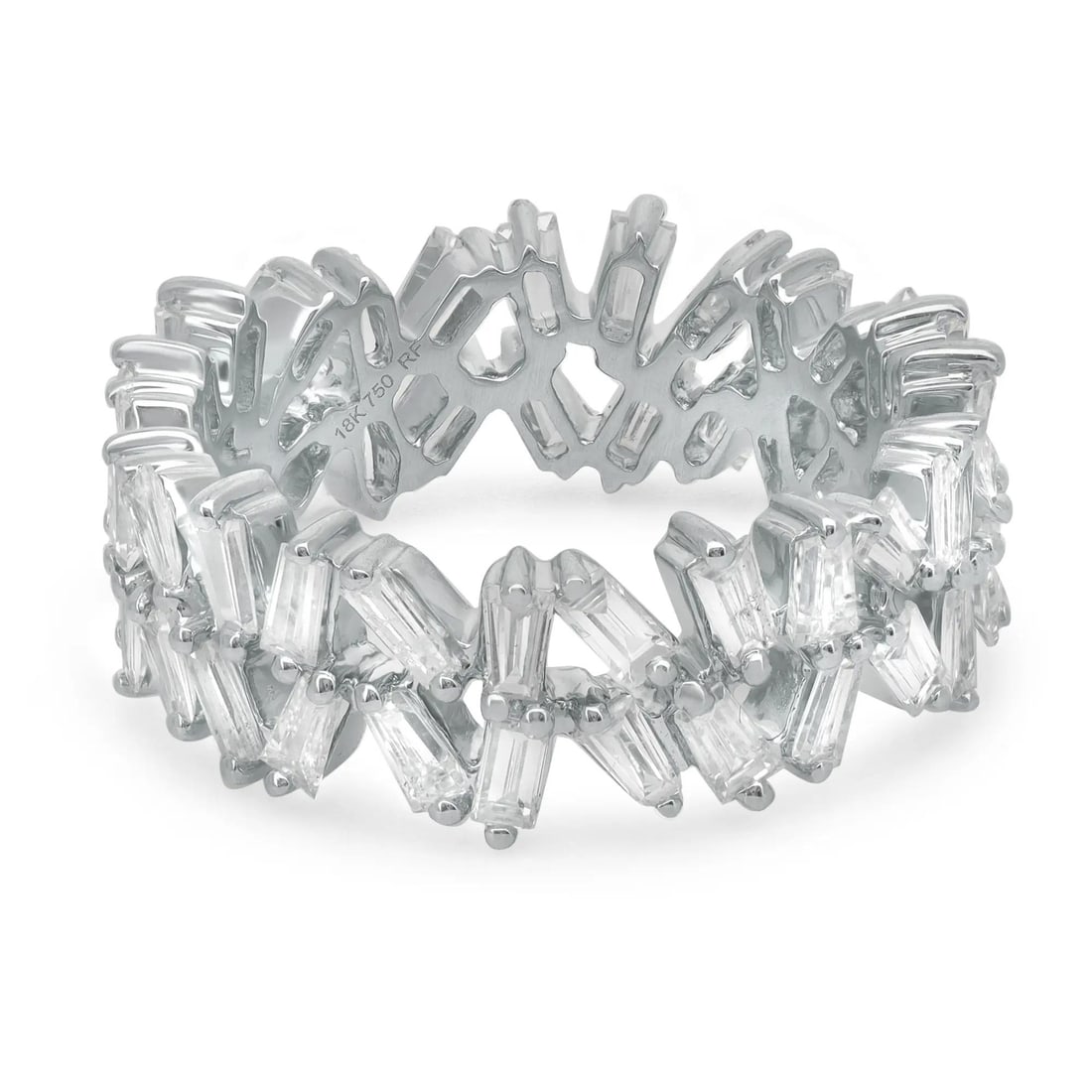 Rachel Koen 18K White Gold Baguette Diamond Band Ring 2.40ctw: Rachel Koen 18K White Gold Baguette Diamond Band Ring 2.40ctw Illuminate your style with this exquisite 18K white gold band ring, featuring a total of 50 sparkling baguette-cut diamonds expertly prong