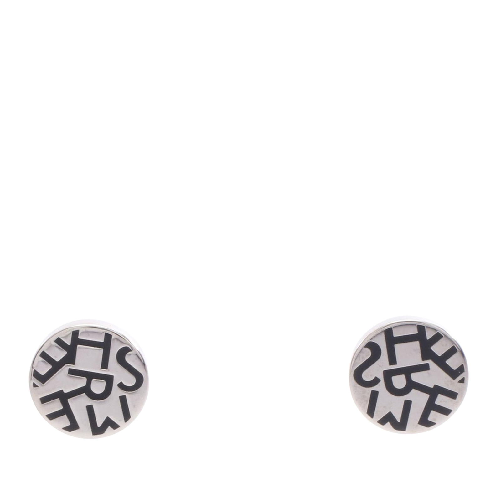Hermes Silver Metal Round Earrings with Logo and Push Back Closures: Hermes Silver Metal Round Earrings with Logo and Push Back Closures These Hermes earrings feature a stainless steel body with a round logo design and push back closures. They are silver in color and c