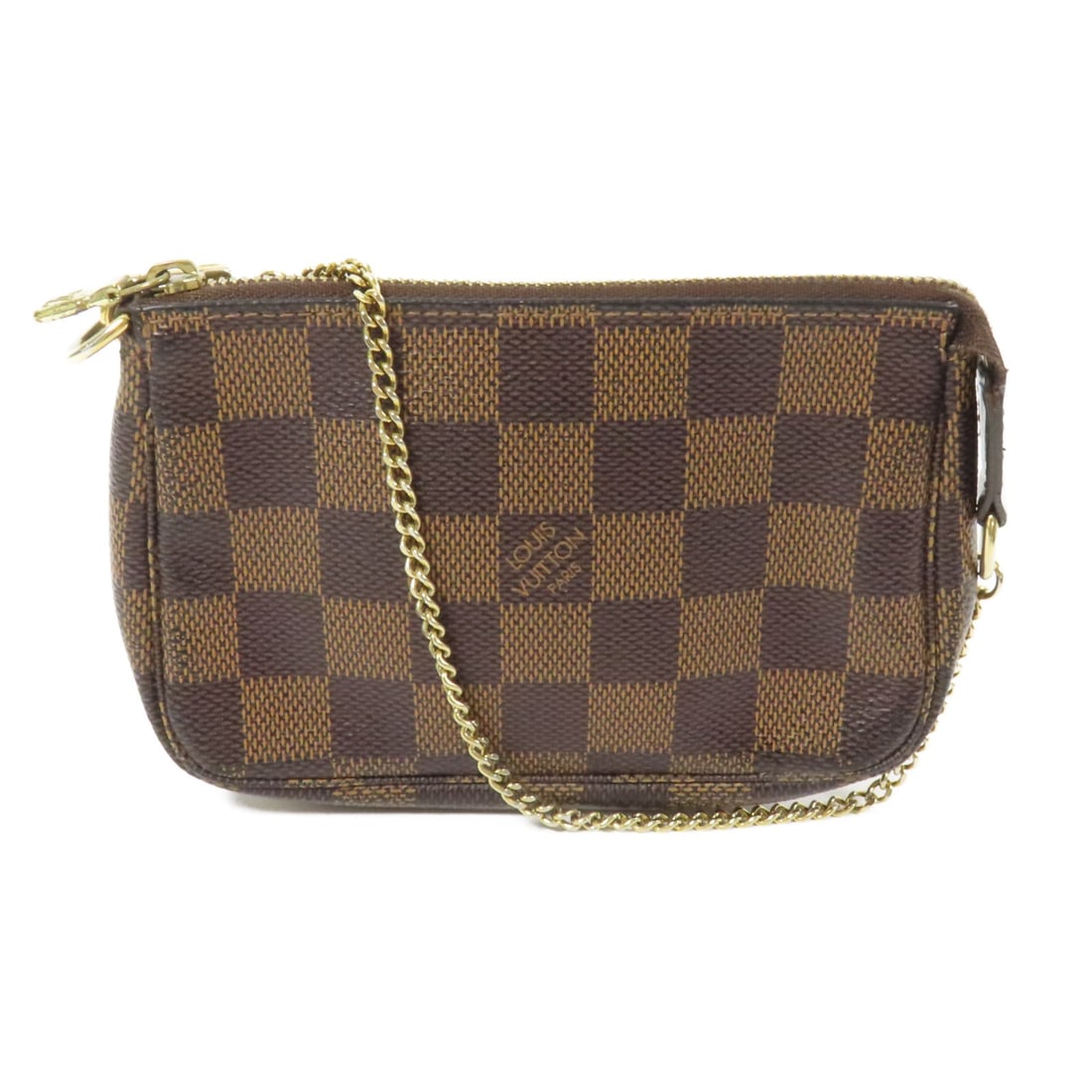 LOUIS VUITTON Mini Pochette Hand Bag N58009 GHW Damier Brown: LOUIS VUITTON Mini Pochette Hand Bag N58009 GHW Damier Brown This LOUIS VUITTON Mini Pochette Hand Bag is a chic accessory pouch featuring a convenient handle. Crafted from durable PVC coated canvas,