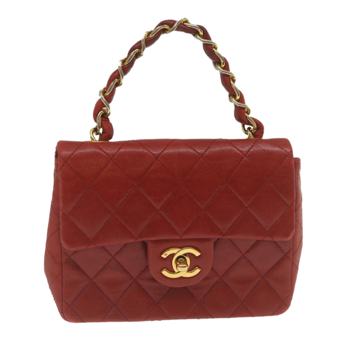 Red Vintage Flap Handbag with Square Shape and Chain Handle by Chanel: Red Vintage Flap Handbag with Square Shape and Chain Handle by Chanel This Chanel vintage square chain handle flap bag in red features a structured design with a chain handle and flap closure. The ext