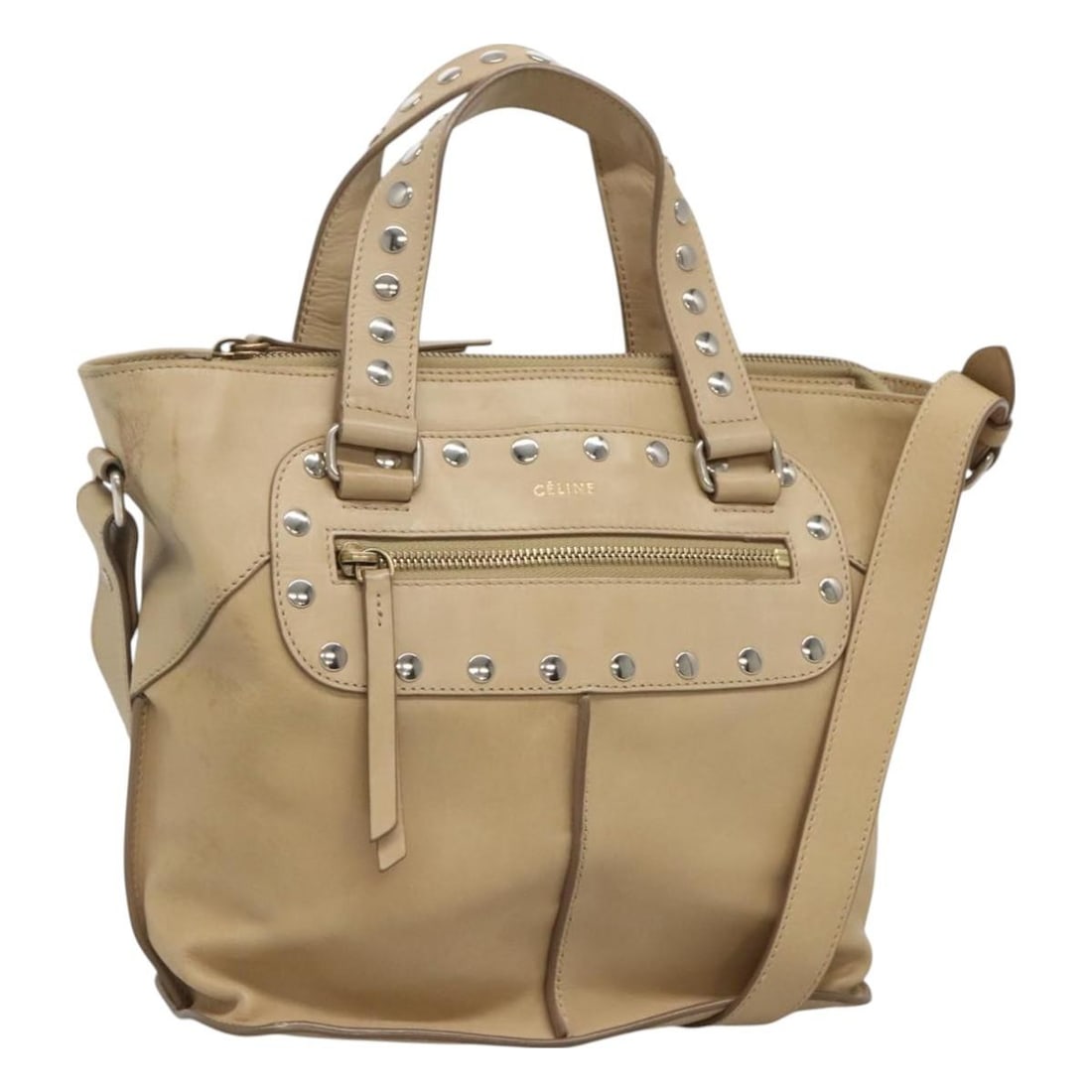 Beige Celine Women's Handbag with Shoulder Strap: Beige Celine Women's Handbag with Shoulder Strap This Celine handbag in beige is designed for women and offers a spacious interior. The bag shows some signs of use, including loss of shape, rubbing, s