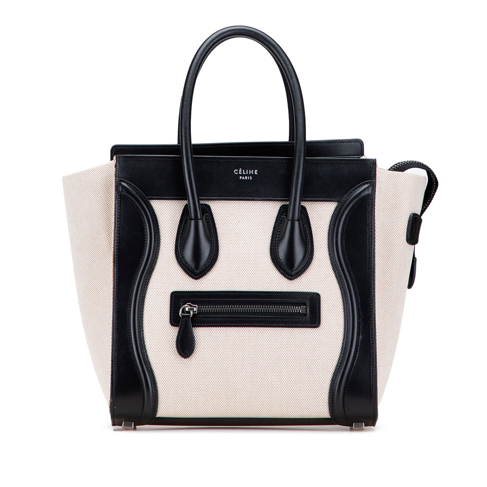 Celine Micro Luggage Tote Canvas and Leather Bicolor Handbag: Celine Micro Luggage Tote Canvas and Leather Bicolor Handbag This Celine Micro Bicolor Luggage Tote features a canvas body with leather trim, rolled leather handles, a top zip closure, an exterior fro