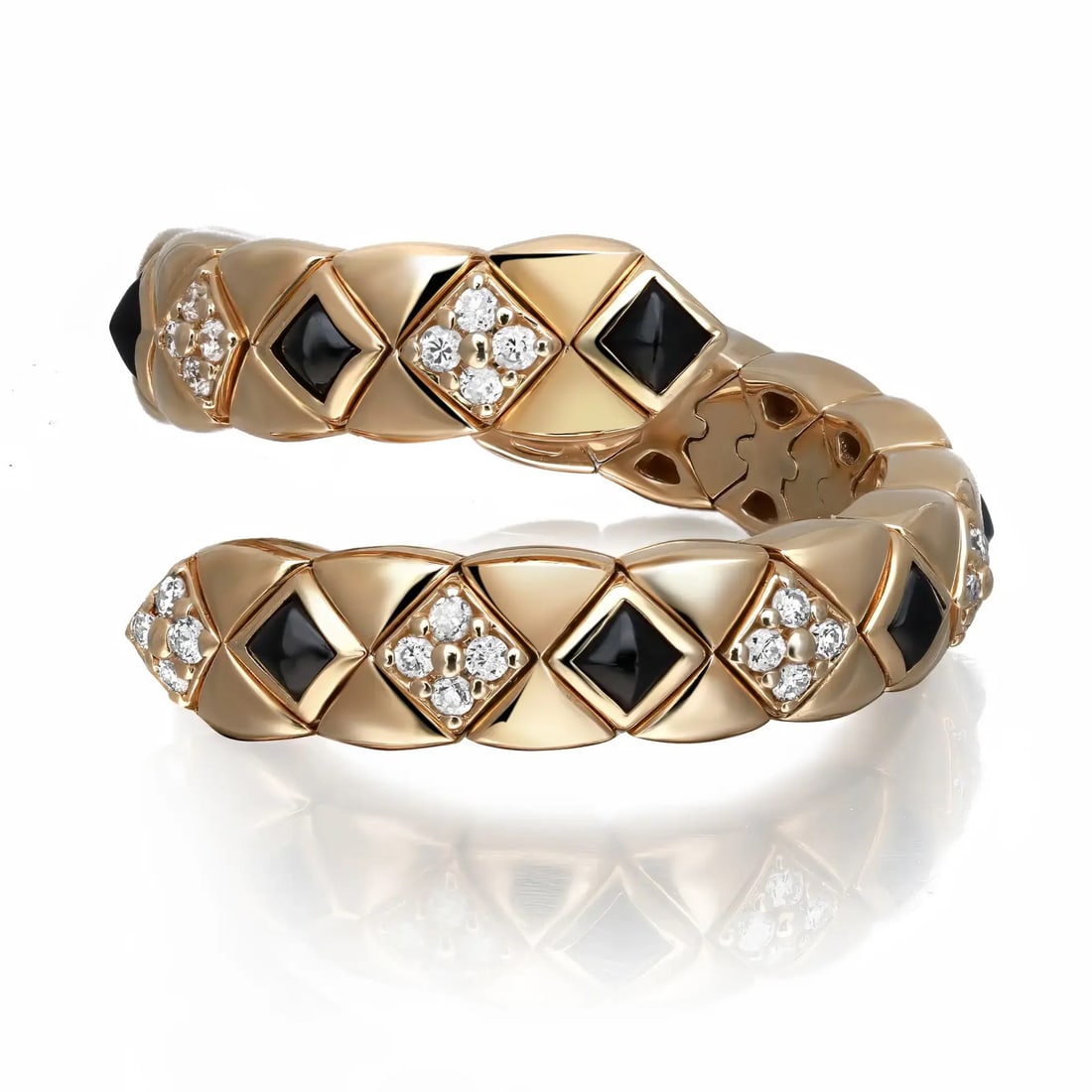 Rachel Koen 14K Yellow Gold Spiral Ring with Diamonds and Black Onyx: Rachel Koen 14K Yellow Gold Spiral Ring with Diamonds and Black Onyx This stunning spiral ring by Rachel Koen beautifully combines elegance and contemporary design. Crafted from high-polished 14K yell