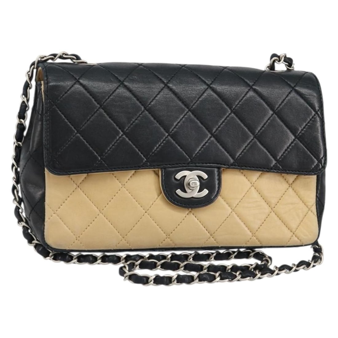 Beige Chanel Matelasse Lambskin Flap Shoulder Bag with Chain: Beige Chanel Matelasse Lambskin Flap Shoulder Bag with Chain This pre-owned Chanel Matelasse chain shoulder bag features a classic beige and black lambskin design with a square CC flap. It is in good