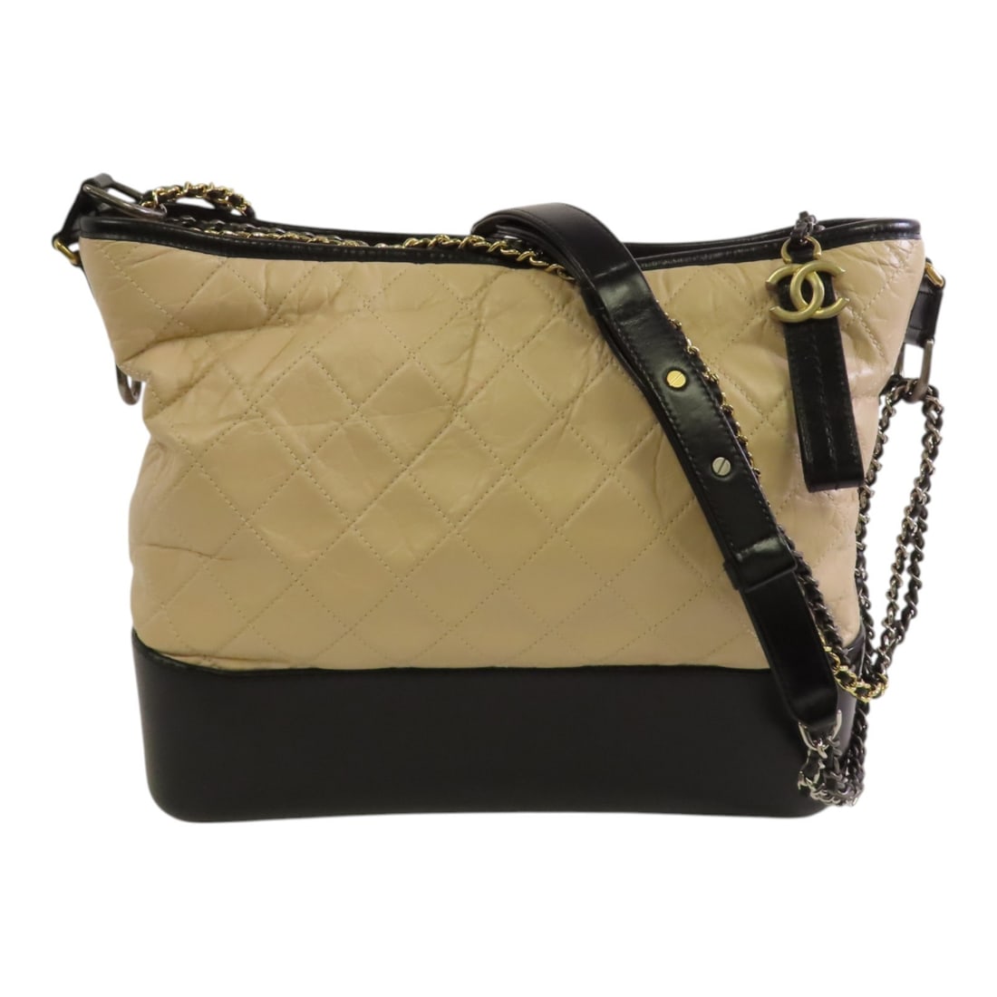 CHANEL Gabrielle Large Beige Calfskin Chain Shoulder Bag: CHANEL Gabrielle Large Beige Calfskin Chain Shoulder Bag Elevate your style with the CHANEL Gabrielle Large Chain Shoulder Bag in luxurious beige calfskin leather. This exquisite shoulder bag features