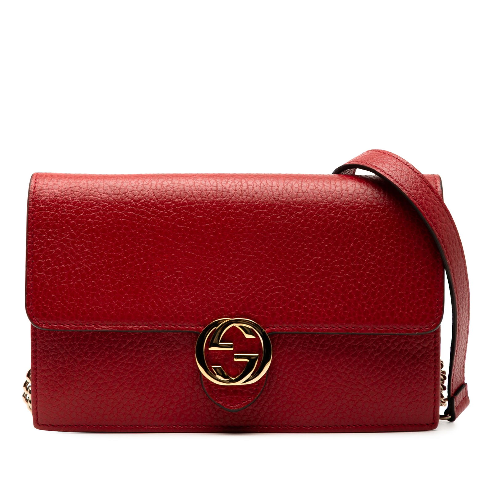 Gucci Interlocking G Leather Chain Wallet in Red: Gucci Interlocking G Leather Chain Wallet in Red This Gucci wallet on chain features a red leather body with an interlocking G detail, a chain link strap with a leather guard, a flap with magnetic sna