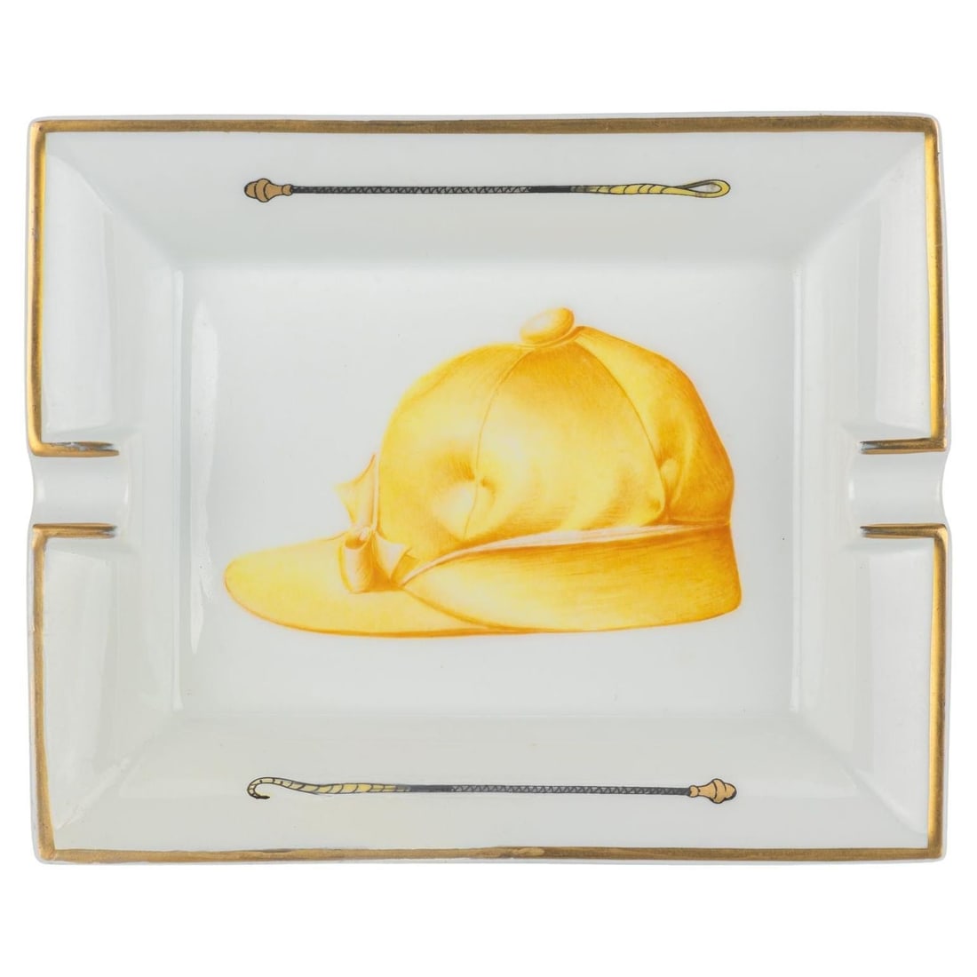 Hermes Yellow Equestrian Riding Cap Porcelain Ashtray 21st Century: Hermes Yellow Equestrian Riding Cap Porcelain Ashtray 21st Century This exquisite Hermes 'Riding Cap' Ashtray features a delightful yellow porcelain design inspired by equestrian themes. The ashtray i