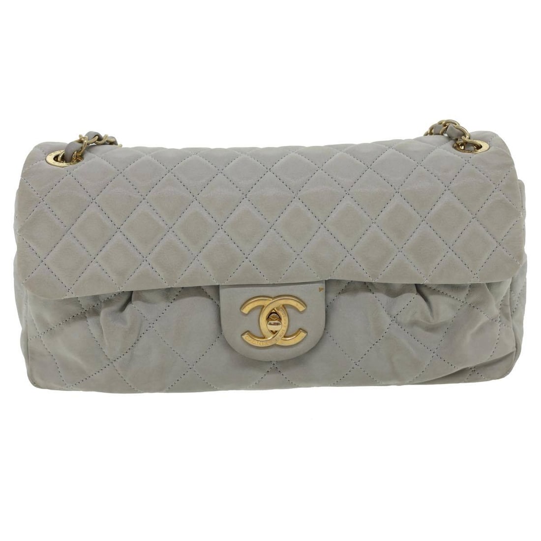 Gray Lambskin Coco Pleats Flap Shoulder Bag by Chanel: Gray Lambskin Coco Pleats Flap Shoulder Bag by Chanel This pre-owned Chanel Coco Pleats Flap Bag features gray lambskin leather with a double chain shoulder strap. The bag shows signs of use, includin