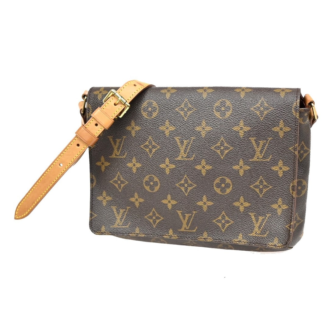 Musette Tango Shoulder Bag by Louis Vuitton in Brown: Musette Tango Shoulder Bag by Louis Vuitton in Brown This Louis Vuitton Musette Tango shoulder bag in brown is a pre-owned item designed for women. It features noticeable signs of use, including scuff