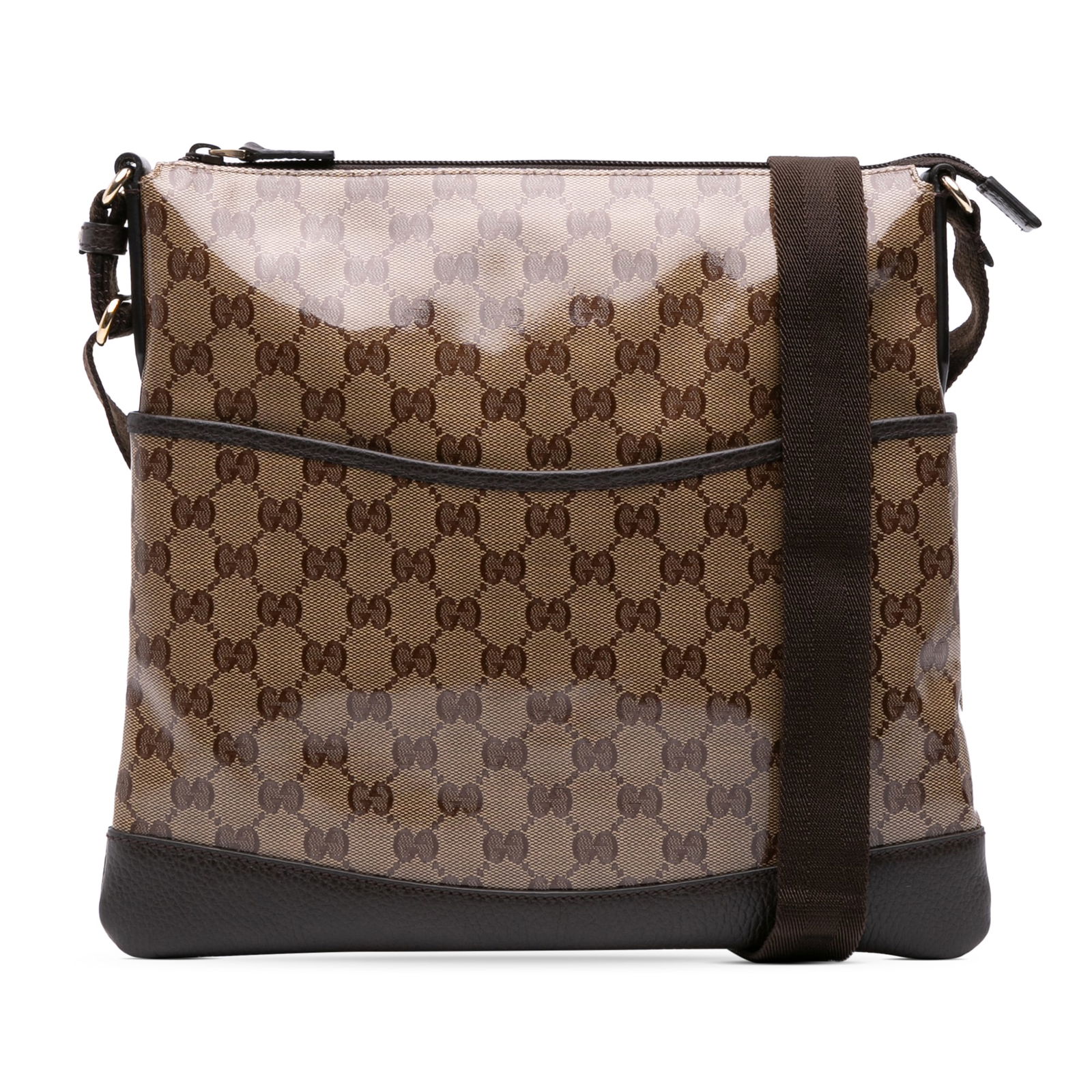Gucci GG Crystal Brown Coated Canvas Messenger Bag: Gucci GG Crystal Brown Coated Canvas Messenger Bag This Gucci GG Crystal Flat Messenger Bag is a stylish crossbody crafted from coated canvas with leather trim. It features an adjustable flat strap fo