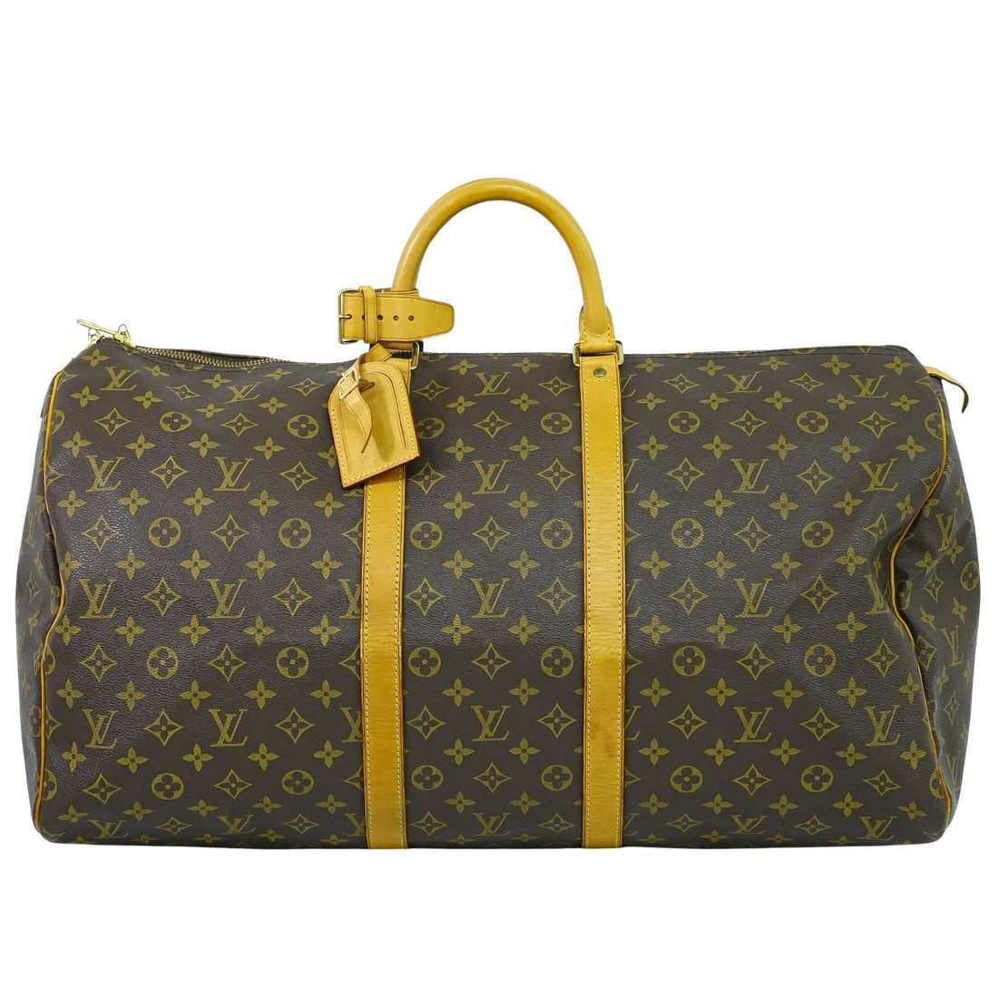 Keepall Travel Duffel by Louis Vuitton in Brown Nubuck Leather: Keepall Travel Duffel by Louis Vuitton in Brown Nubuck Leather This Louis Vuitton Keepall travel bag in brown features classic design and craftsmanship. It has signs of use including minor wear, stain
