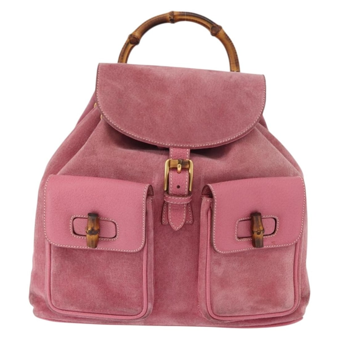Pink Bamboo Backpack by Gucci Vintage Collection: Pink Bamboo Backpack by Gucci Vintage Collection This pre-owned Gucci vintage bamboo backpack features a pink exterior and bamboo detailing. It is designed for female use and shows signs of use, inclu