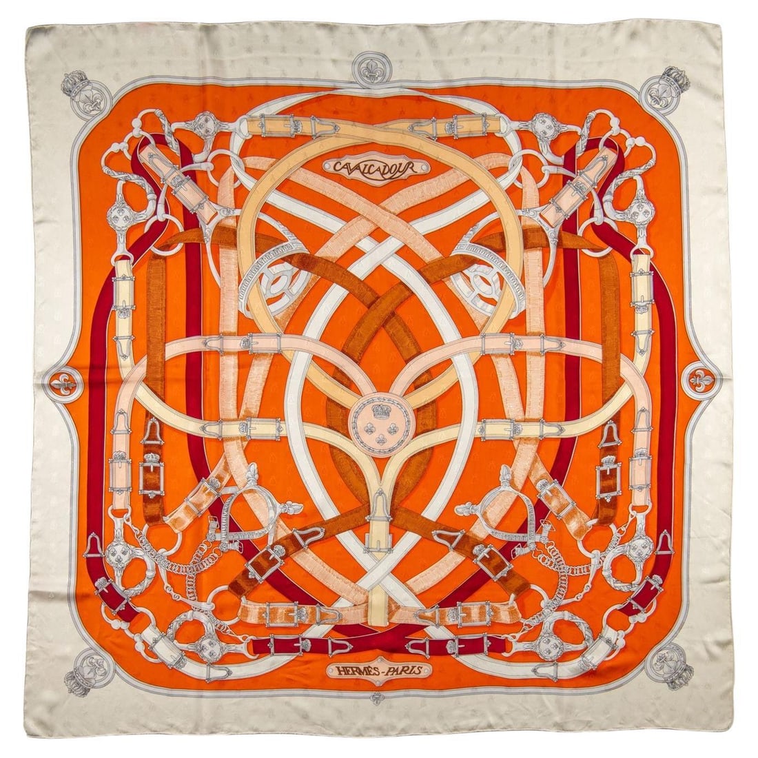 Hermes Cavalcadour Orange Silk Shawl 52in Hand Rolled Edges France: Hermes Cavalcadour Orange Silk Shawl 52in Hand Rolled Edges France Elevate your style with this exquisite Hermes "Cavalcadour" shawl, crafted from luxurious silk in a vibrant orange and white color sc
