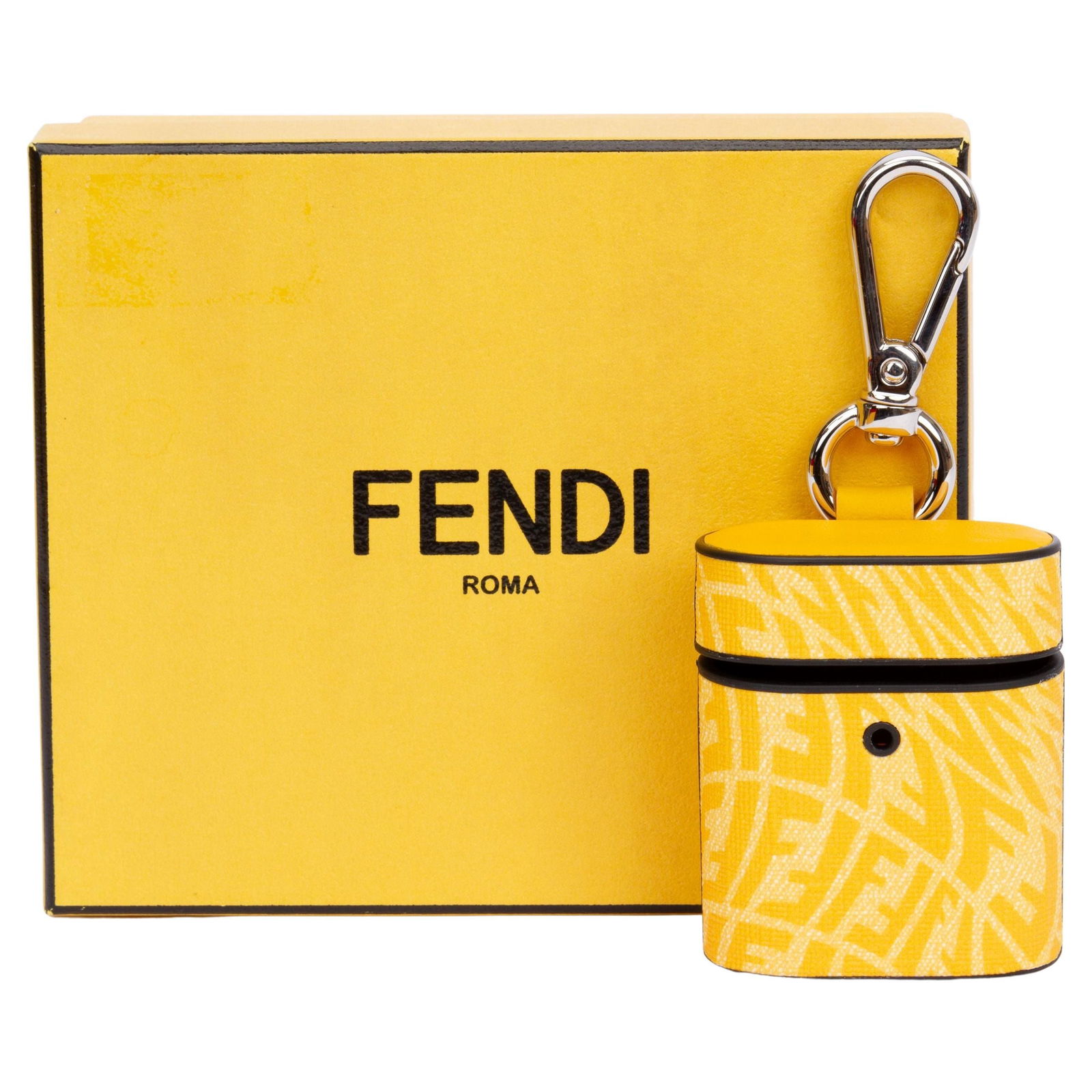 Fendi Vertigo Yellow Air Pods Charm for Bags: Fendi Vertigo Yellow Air Pods Charm for Bags Enhance your accessory collection with this stunning Fendi Air Pods Charm in a vibrant vertigo yellow print. Designed to effortlessly attach to bags of var