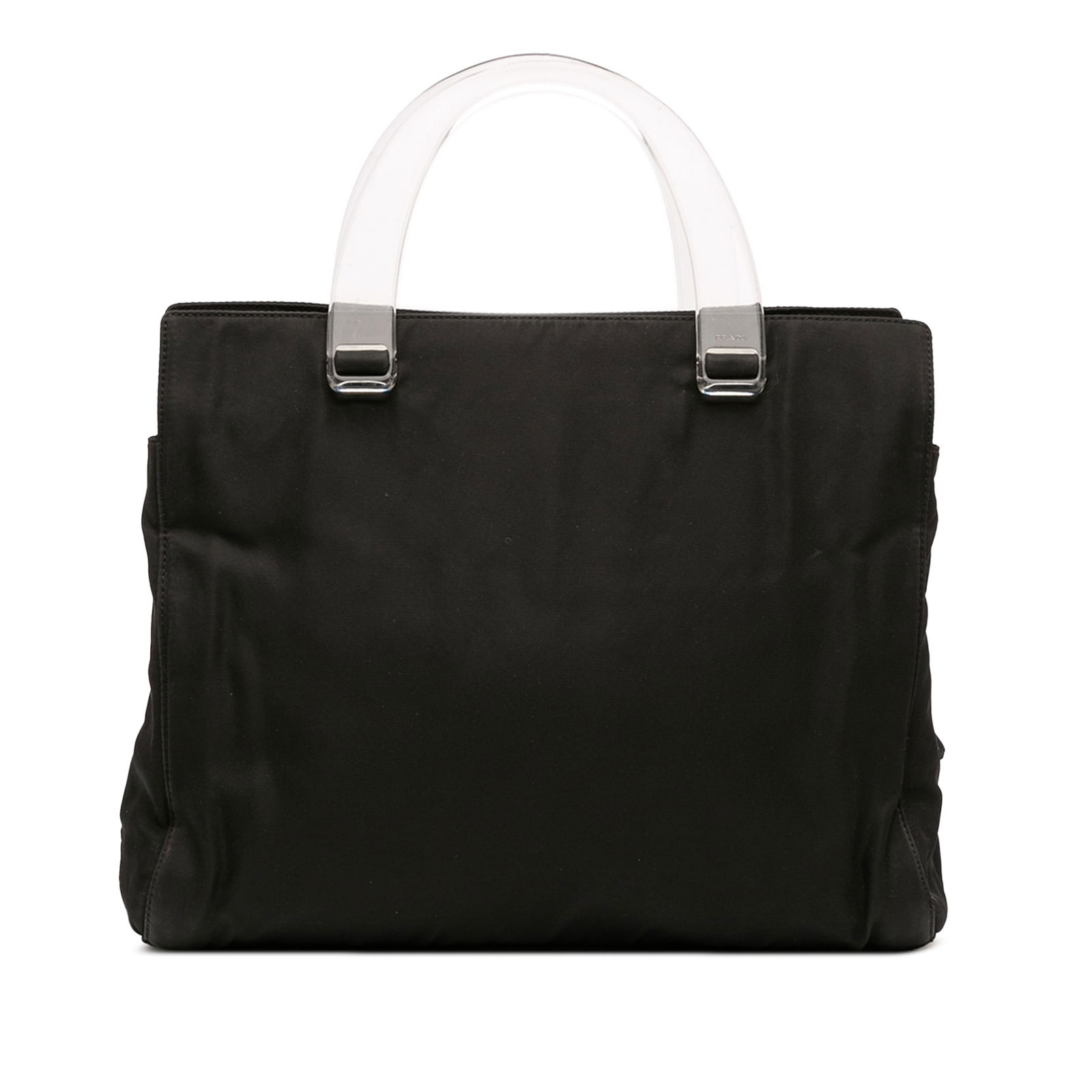 Black Prada Tessuto Nylon Tote with Acrylic Handles and Interior Zip Pocket: Black Prada Tessuto Nylon Tote with Acrylic Handles and Interior Zip Pocket This Prada Tessuto Handbag features a durable black nylon body with acrylic handles. The bag has an open top design and incl