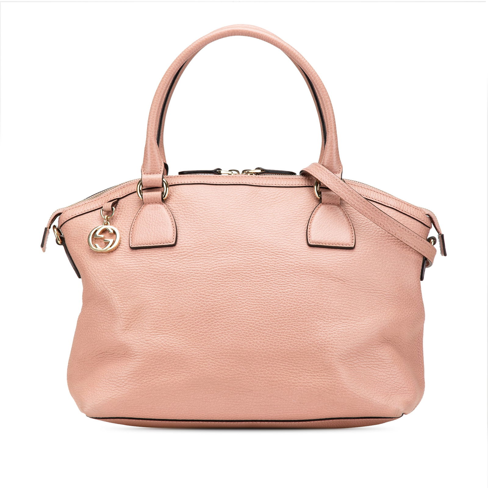 Gucci Pink Leather GG Charm Dome Satchel with Detachable Strap: Gucci Pink Leather GG Charm Dome Satchel with Detachable Strap This Gucci Medium Leather GG Charm Dome Satchel is a stylish accessory crafted from high-quality leather. It features the iconic interloc