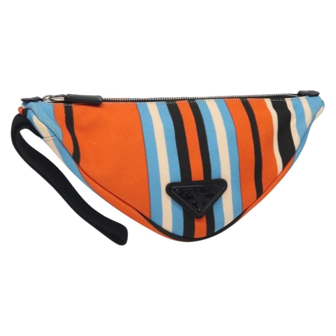 Orange Wristlet Pouch with Triangle Logo by Prada: Orange Wristlet Pouch with Triangle Logo by Prada This Prada triangle logo wristlet pouch in orange features a classic design suitable for female users. The exterior shows some loss of shape, slight r