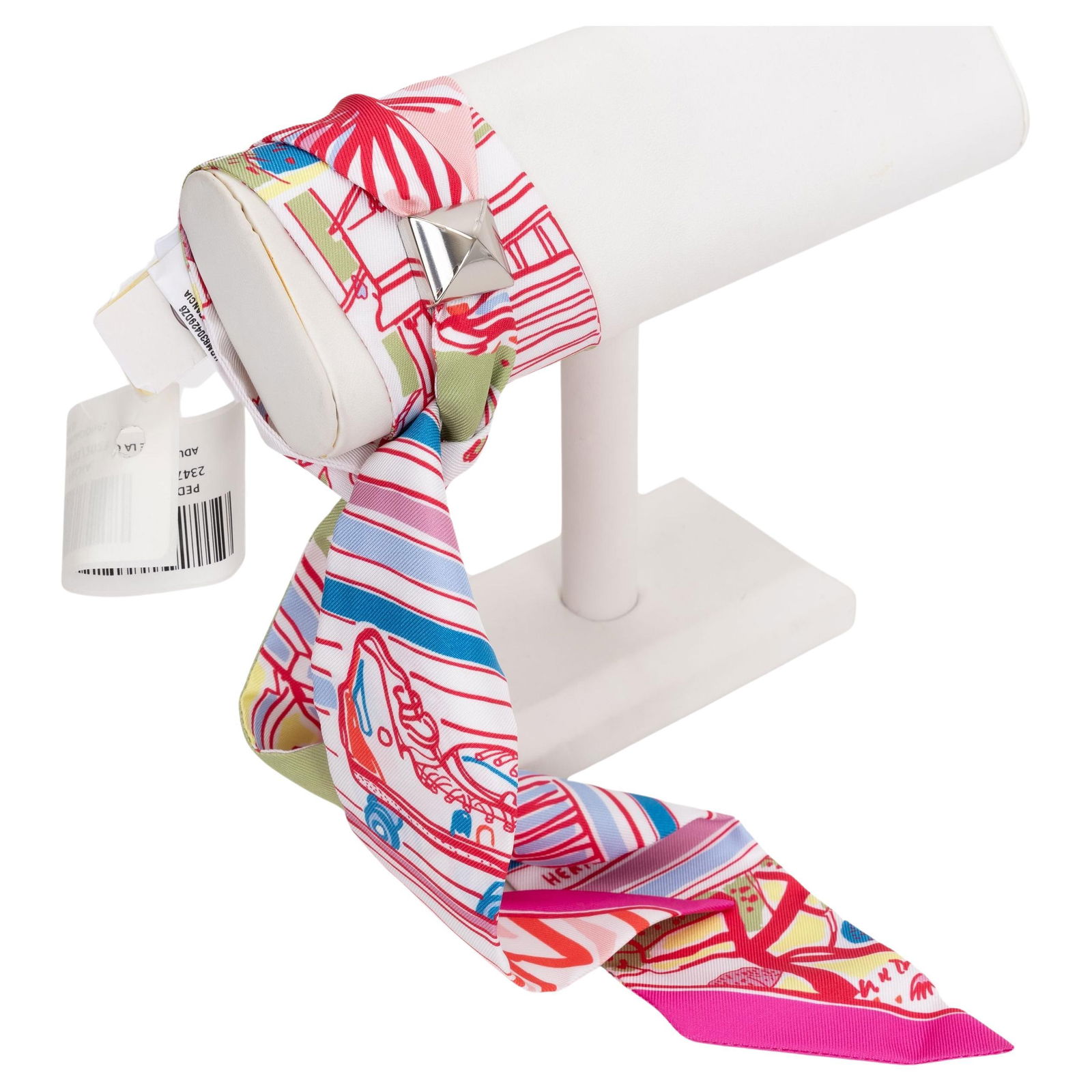 Hermes Rayures D'Ete Twilly 100% Silk Scarf Bracelet France: Hermes Rayures D'Ete Twilly 100% Silk Scarf Bracelet France The Hermes "Rayures D'Ete" Twilly is a versatile accessory crafted from 100% silk, showcasing a stylish design in vibrant Rose, Blue, and Ve