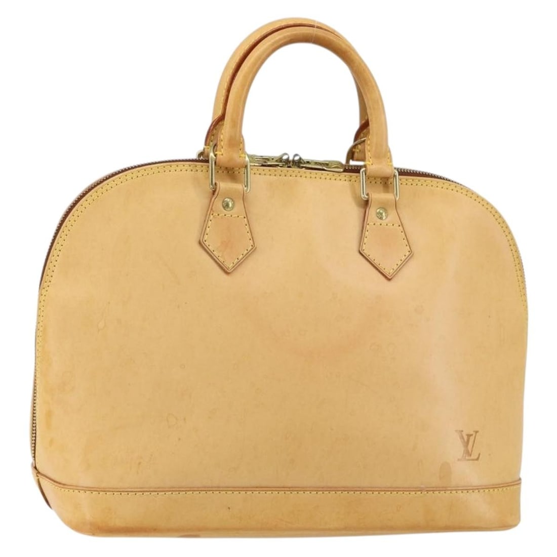 Beige Alma Top Handle Bag by Louis Vuitton: Beige Alma Top Handle Bag by Louis Vuitton This pre-owned Louis Vuitton Alma handbag in beige is crafted for female use and remains in good condition. It displays signs of wear including rubbing, stai