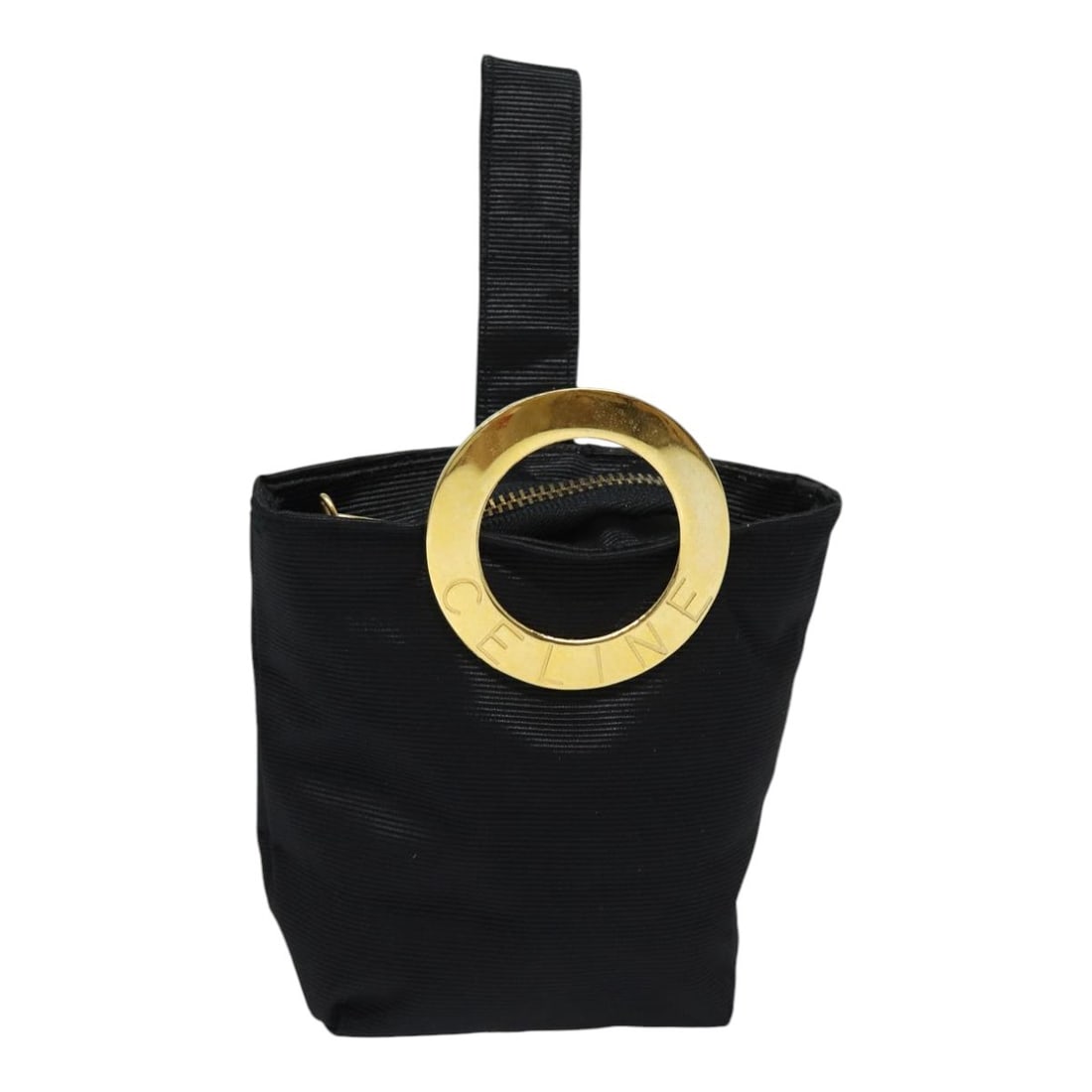 Black Pouch with Circle Logo by Celine: Black Pouch with Circle Logo by Celine This Celine Circle Logo pouch in black is designed for female use. The exterior shows signs of use with some out-of-shape areas, rubbing, and scratches on the me