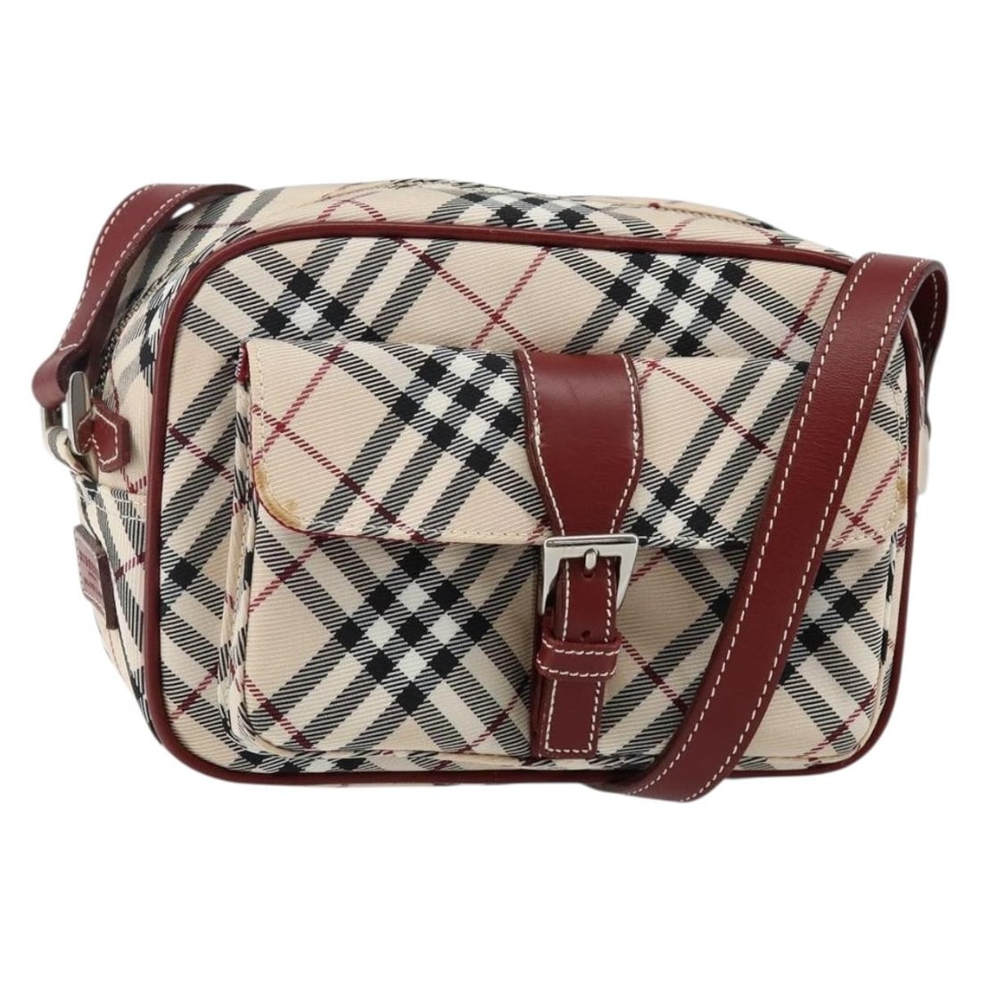 Shoulder Bag with Nova Check Blue Label Pattern by Burberry: Shoulder Bag with Nova Check Blue Label Pattern by Burberry This Burberry Nova Check Blue Label shoulder bag is crafted in beige with signature Nova Check patterning. The bag features leather trim, me