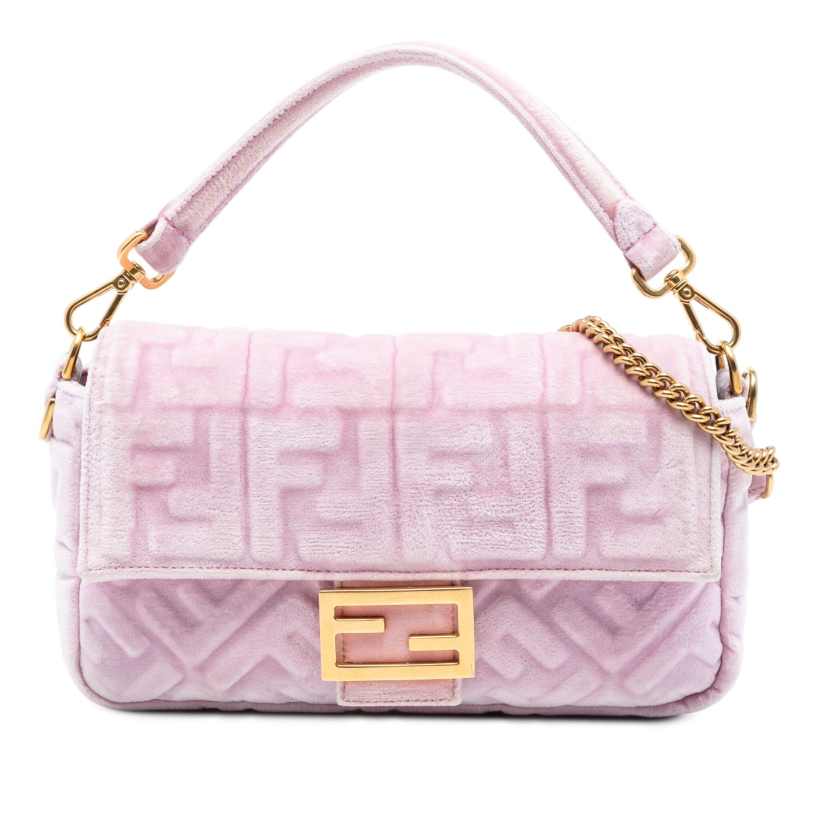 Fendi Zucca Baguette Satchel Pink Velvet Bag with Chain Strap: Fendi Zucca Baguette Satchel Pink Velvet Bag with Chain Strap The Fendi Zucca Embossed Velvet Baguette Satchel is a stylish and functional handbag crafted from luxurious embossed velvet. It features a