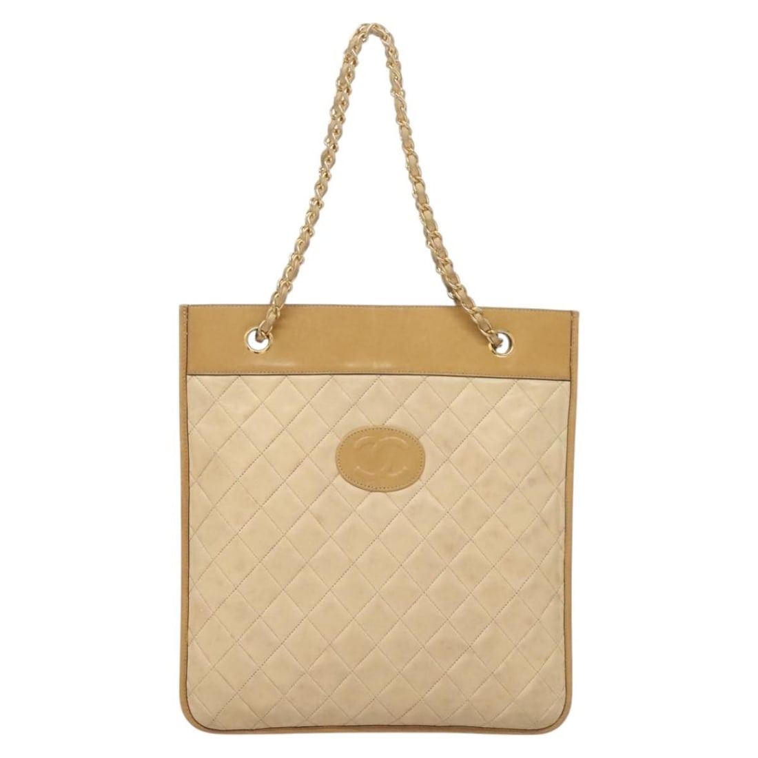 Beige Chanel Shoulder Bag with Chain Strap: Beige Chanel Shoulder Bag with Chain Strap This Chanel chain shoulder bag features a beige exterior with a classic design. The outside surface displays signs of use including rubbing, stains, scratche