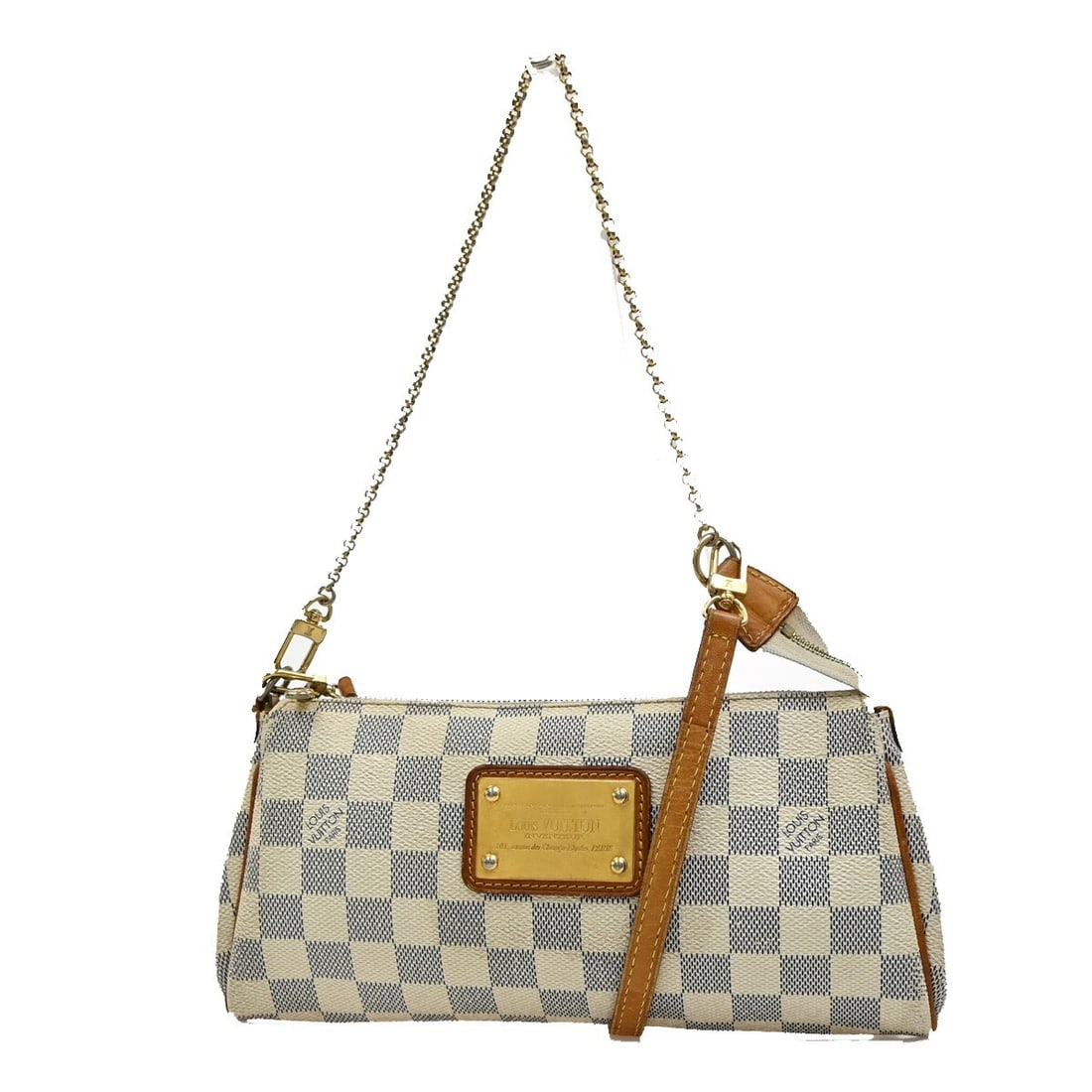 Louis Vuitton Damier Azur Eva Shoulder Bag White Leather Accent: Louis Vuitton Damier Azur Eva Shoulder Bag White Leather Accent This Louis Vuitton Eva handbag in Damier Azur leather is designed for women. The bag exhibits signs of use, including some dirt througho