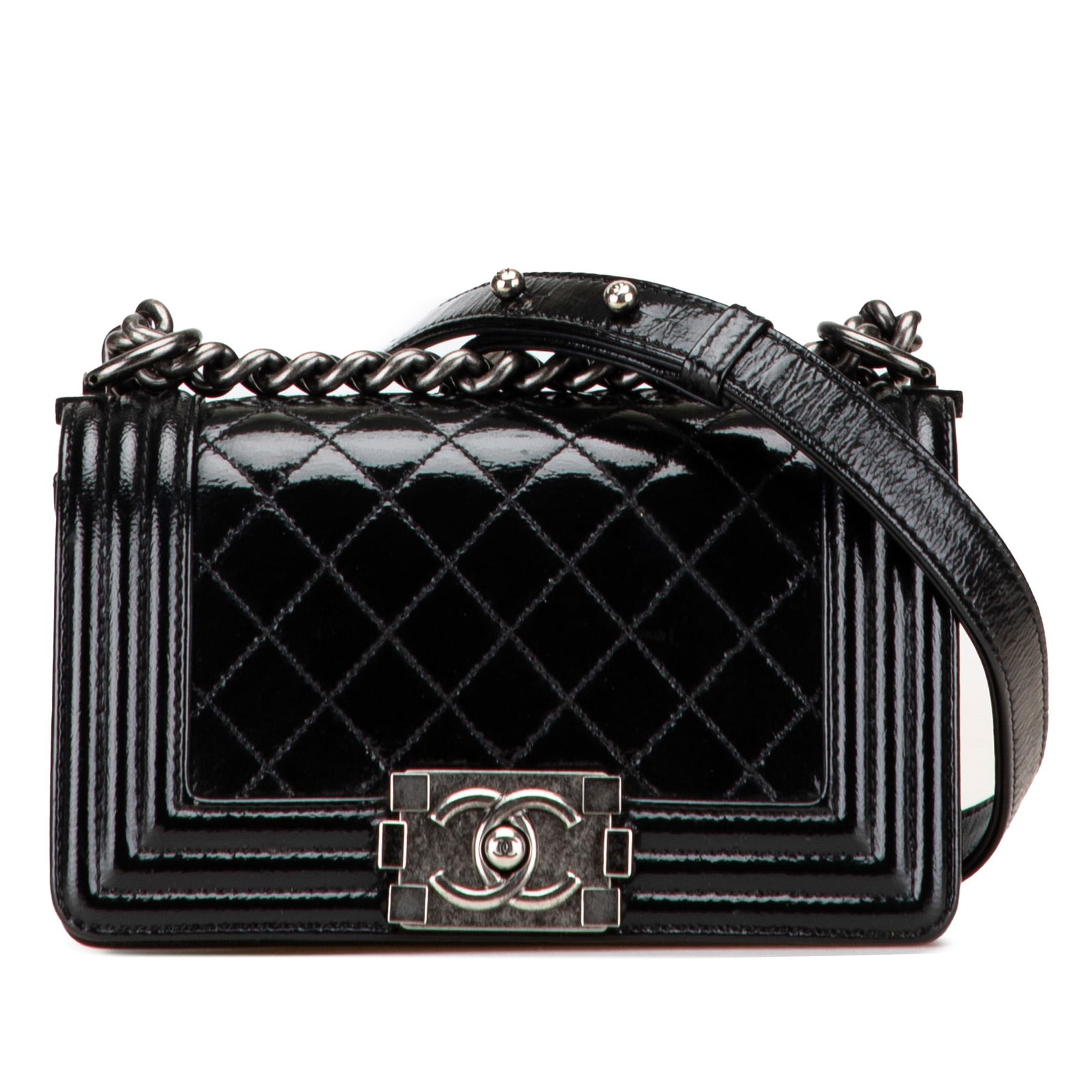 Chanel Small Black Quilted Patent Boy Flap Bag: Chanel Small Black Quilted Patent Boy Flap Bag This Chanel Small Quilted Patent Boy Flap bag showcases a sleek quilted patent leather construction in elegant black. The bag features a curb chain strap