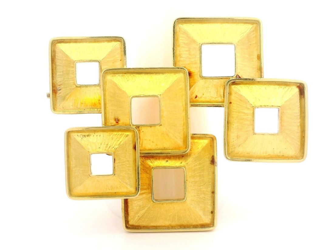 Modernist 18k Yellow Gold Textured Squares Brooch: Modernist 18k Yellow Gold Textured Squares Brooch Discover the elegance of this Modernist Geometric Brooch, crafted from solid 18k yellow gold. This stunning piece features overlapping textured square