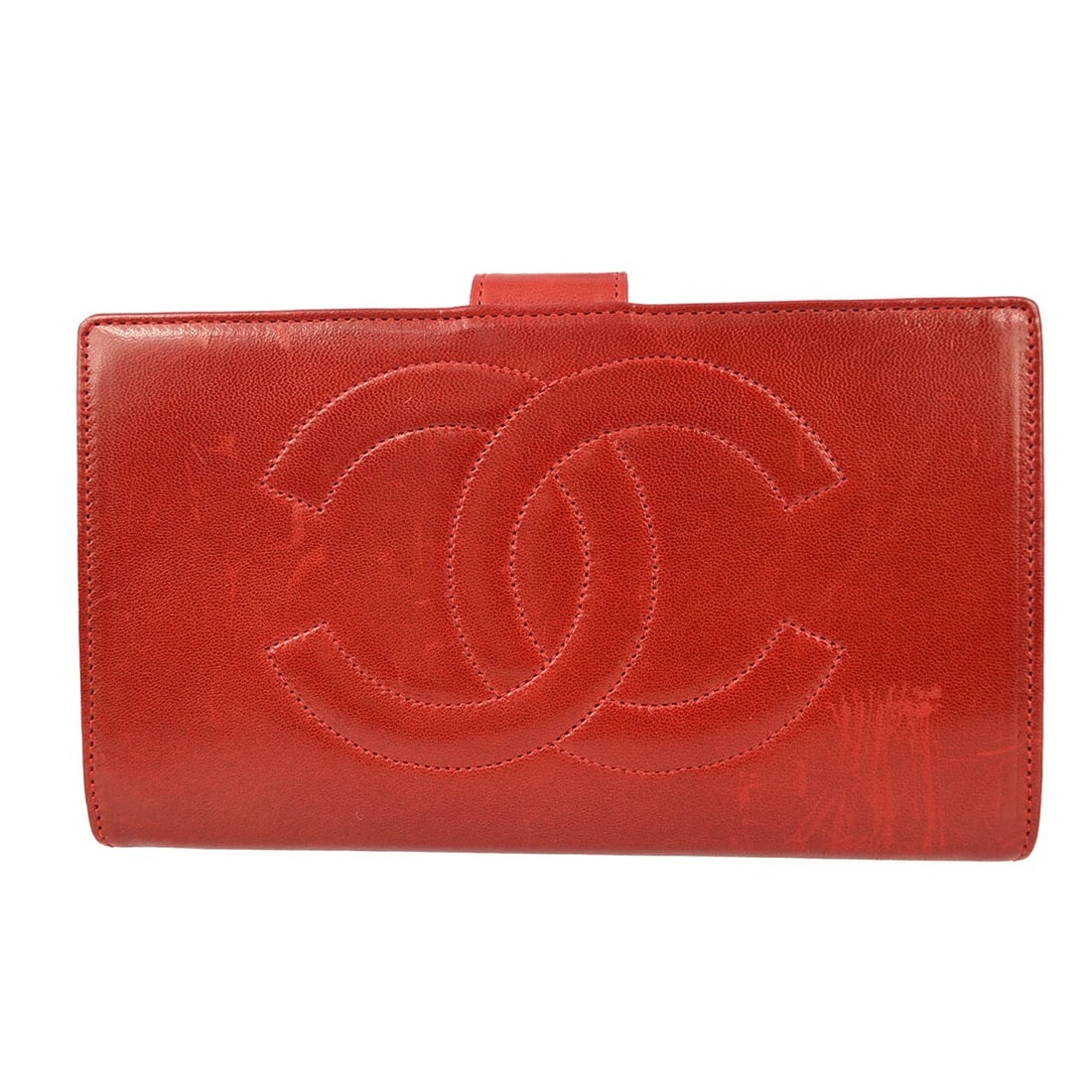 Chanel Vintage Red Lambskin Bifold Wallet Purse: Chanel Vintage Red Lambskin Bifold Wallet Purse This vintage Chanel long wallet purse is crafted from luxurious red lambskin leather, featuring the iconic CC pattern. Designed as a bifold wallet, it o