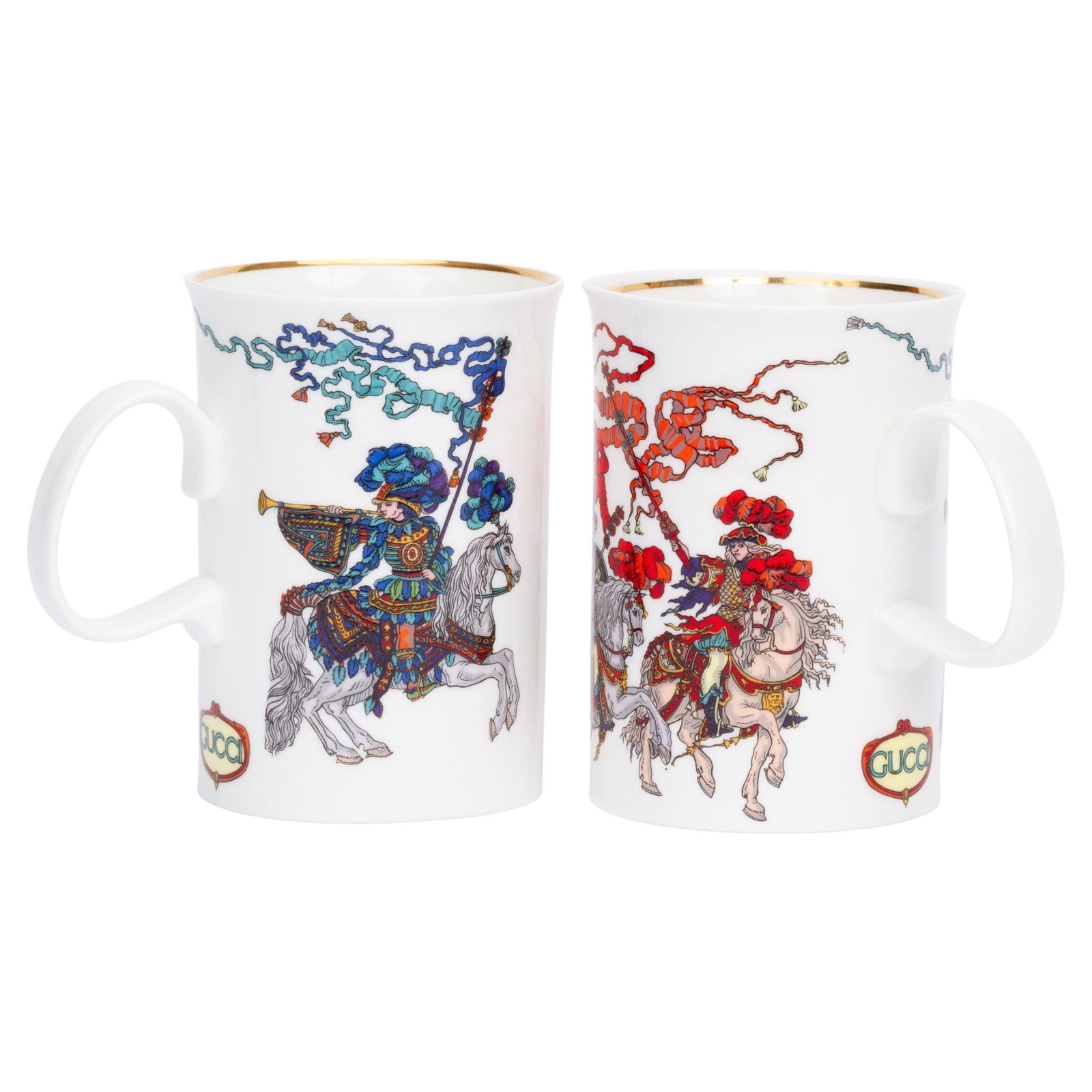 Gucci Set of 2 Porcelain Knights Tea Cups Red Blue England: Gucci Set of 2 Porcelain Knights Tea Cups Red Blue England This exquisite set of two porcelain tea cups by Gucci features striking knight designs in vibrant red and blue hues. Perfect for both display
