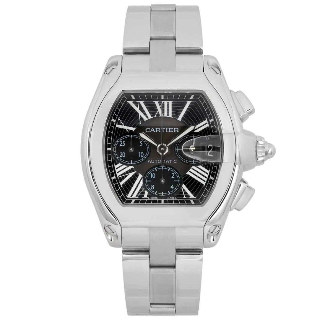 Cartier Roadster XL Chronograph Automatic Mens Watch Black Dial Stainless Steel W62020X6: Cartier Roadster XL Chronograph Automatic Mens Watch Black Dial Stainless Steel W62020X6 Discover the elegance of the Cartier Roadster XL Chronograph, a stylish wristwatch designed for men. This autom