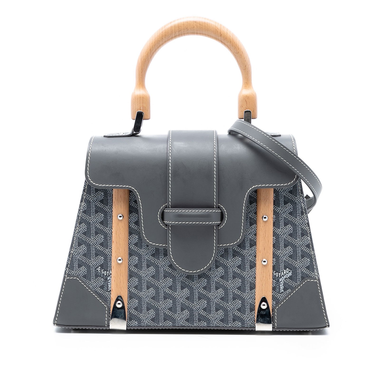 Goyard Goyardine Saigon PM Gray Canvas Bag with Leather and Wood Handle: Goyard Goyardine Saigon PM Gray Canvas Bag with Leather and Wood Handle This Goyardine Saigon Structured PM handbag features a coated canvas body with leather trim, a wooden top handle, and a detachab