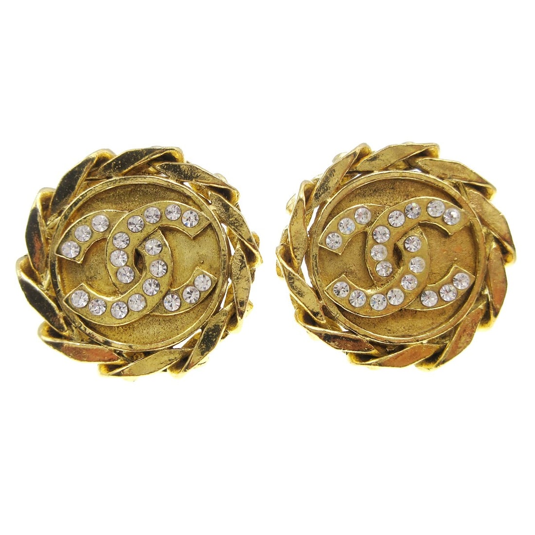 Chanel Gold Rhinestone Button Clip-On Earrings Logo Design: Chanel Gold Rhinestone Button Clip-On Earrings Logo Design Elevate your accessory collection with these elegant Chanel Button Rhinestone Clip-On Earrings. Crafted in a stunning gold-tone metal, these