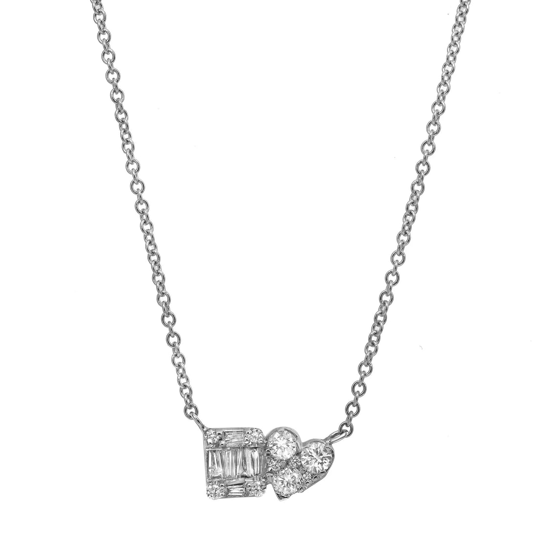 Rachel Koen 14K White Gold Diamond Pendant Necklace 0.44 Cttw Baguette Round Cut: Rachel Koen 14K White Gold Diamond Pendant Necklace 0.44 Cttw Baguette Round Cut Elevate your jewelry collection with this stunning Baguette and Round Cut Diamond Pendant Necklace. Crafted from luxuri