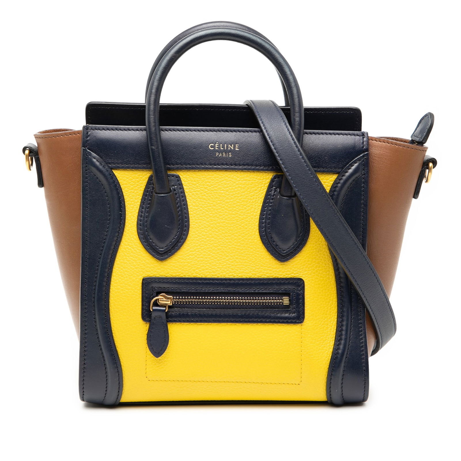Celine Nano Tricolor Leather Tote Bag Yellow Italy: Celine Nano Tricolor Leather Tote Bag Yellow Italy The Celine Nano Tricolor Leather Luggage Tote is a stylish and functional handbag crafted from premium leather. It features a structured silhouette w