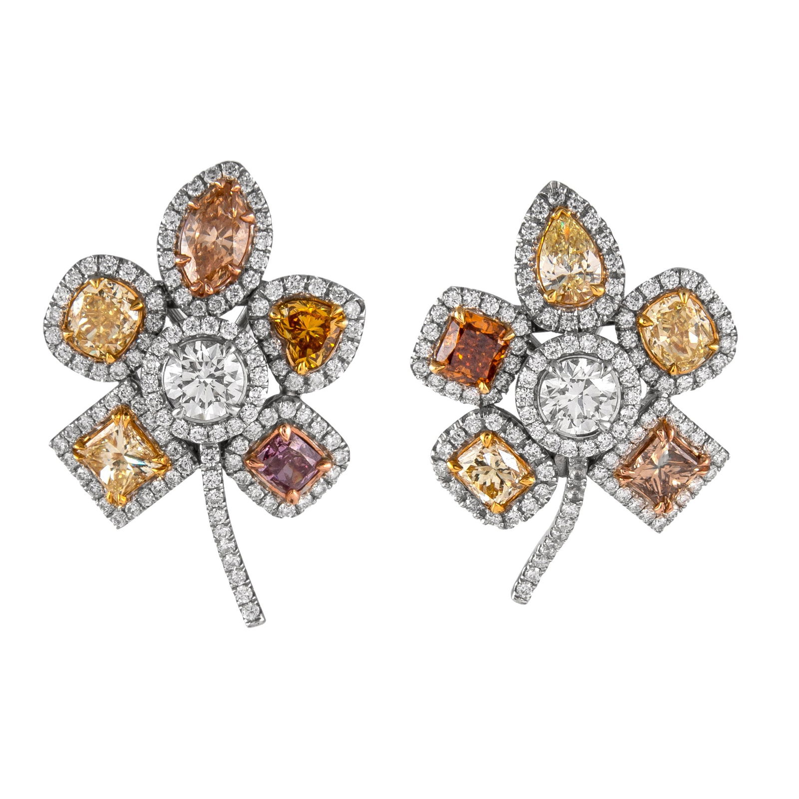 GIA 8.21ct Fancy Color Diamond Floral Earrings 18k Gold: GIA 8.21ct Fancy Color Diamond Floral Earrings 18k Gold These exquisite floral earrings feature a stunning array of fancy color diamonds totaling 8.21 carats, all GIA certified. Crafted from 18k gold,